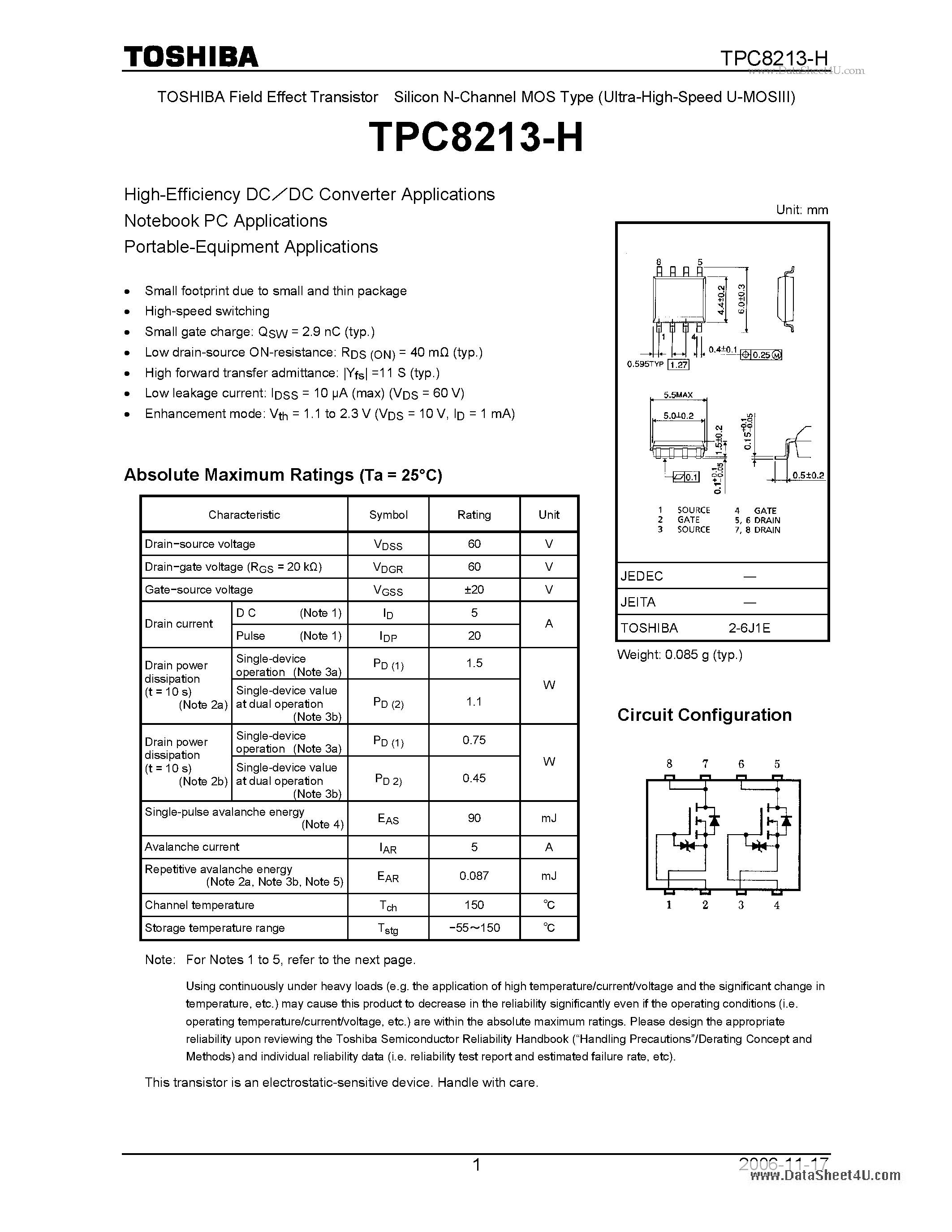 Datasheet TPC8213-H - High-Efficiency DC/DC Converter Applications page 1