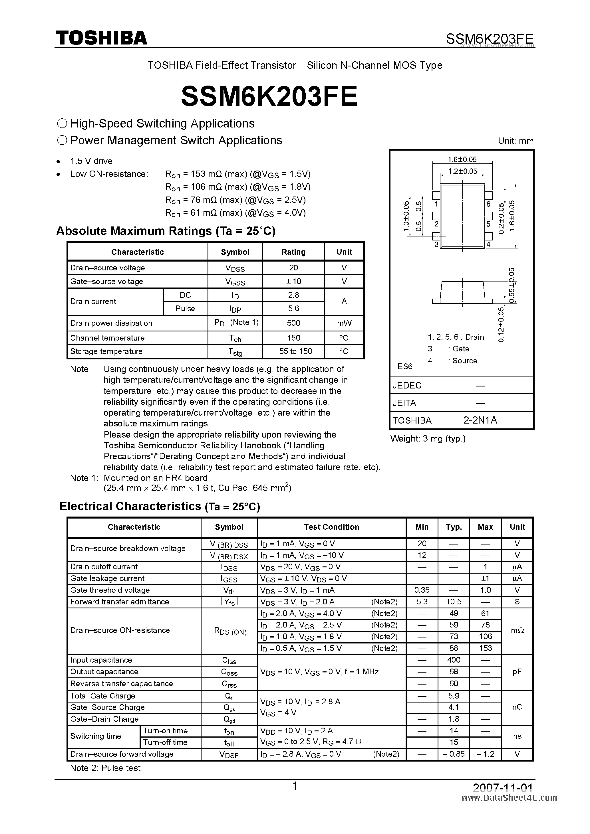 Datasheet SSM6K203FE page 1 Datasheet SSM6K203FE - High-Speed Switching Applications Power Management Switch Applications page 1