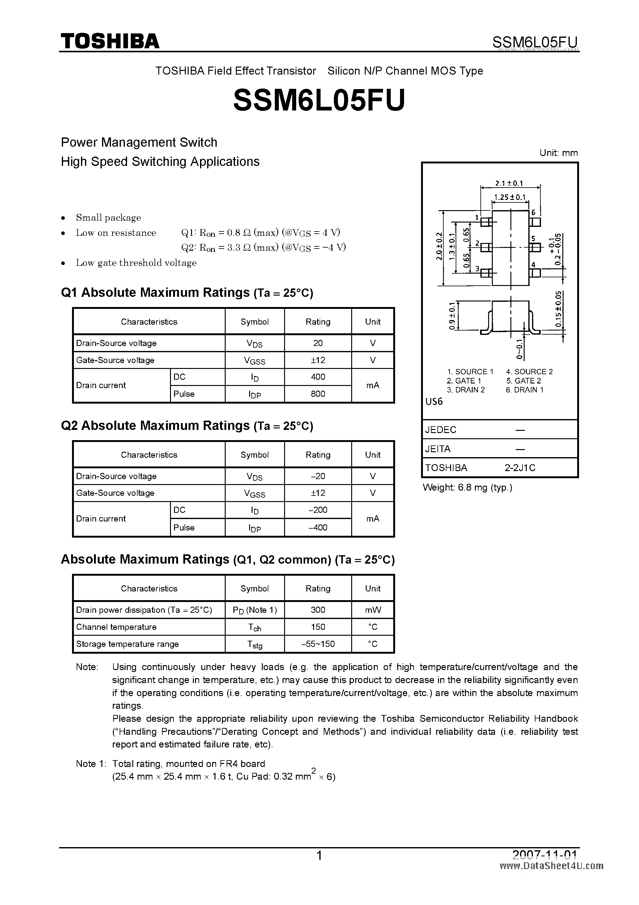 Даташит на микросхему SSM6L05FU страница 1 Даташит SSM6L05FU - Power Management Switch High Speed Switching Applications страница 1
