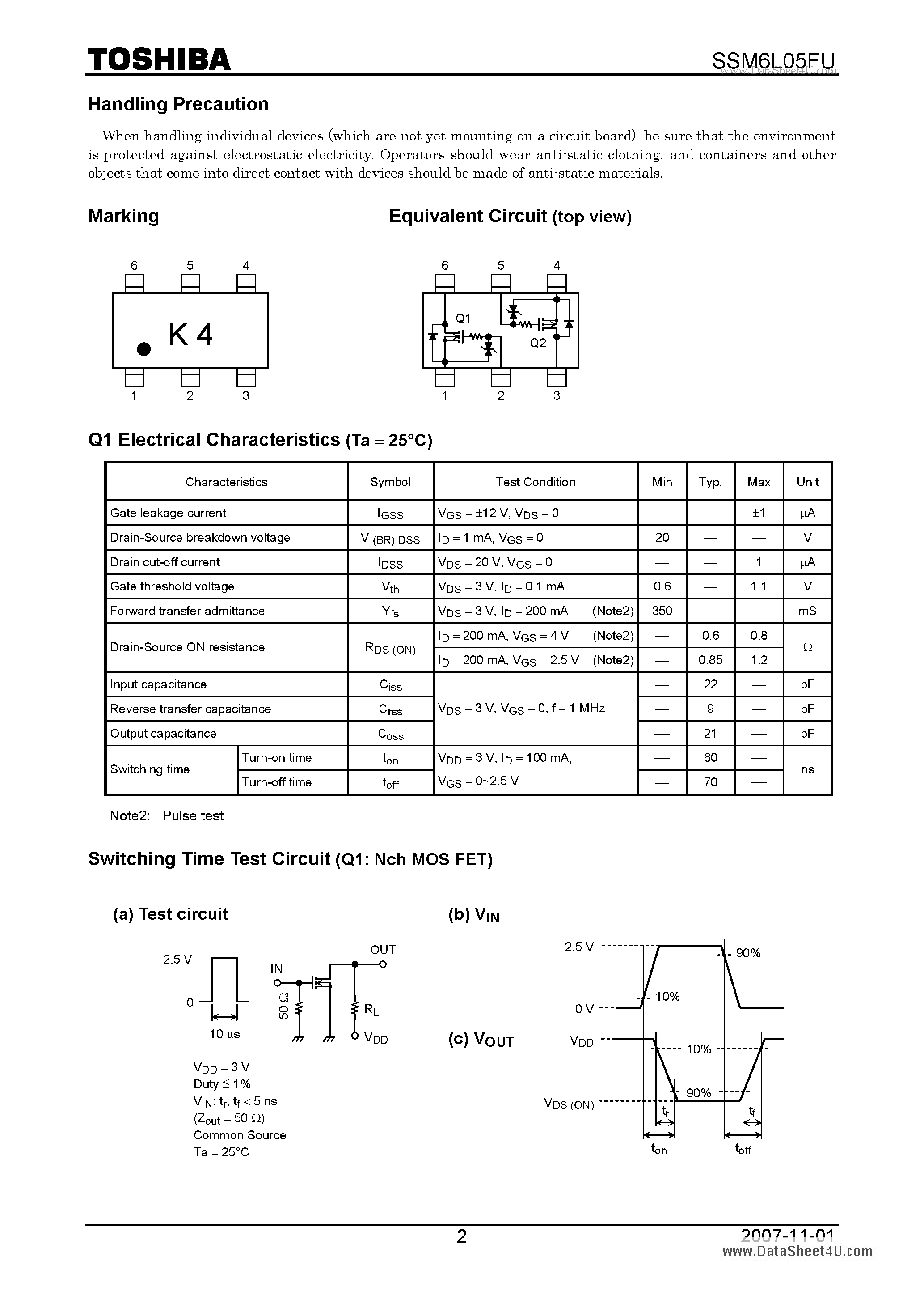 Даташит на микросхему SSM6L05FU страница 2 Даташит SSM6L05FU - Power Management Switch High Speed Switching Applications страница 2