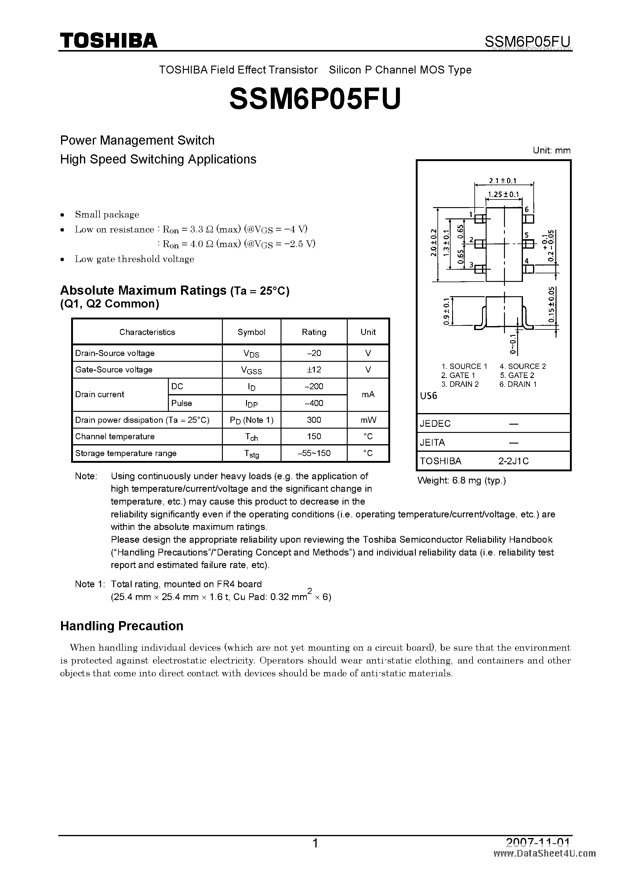 Datasheet SSM6P05FU page 1 Datasheet SSM6P05FU - Power Management Switch High Speed Switching Applications page 1