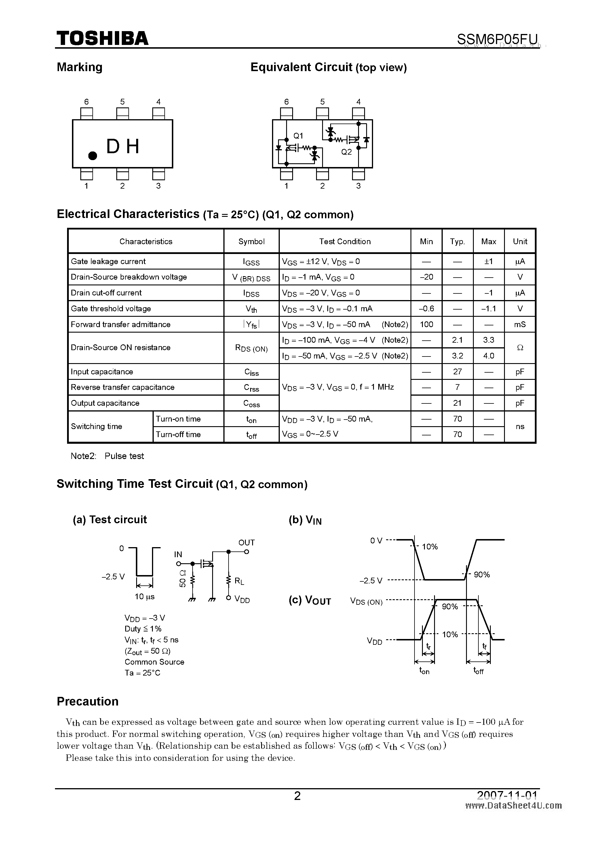 Datasheet SSM6P05FU page 2 Datasheet SSM6P05FU - Power Management Switch High Speed Switching Applications page 2