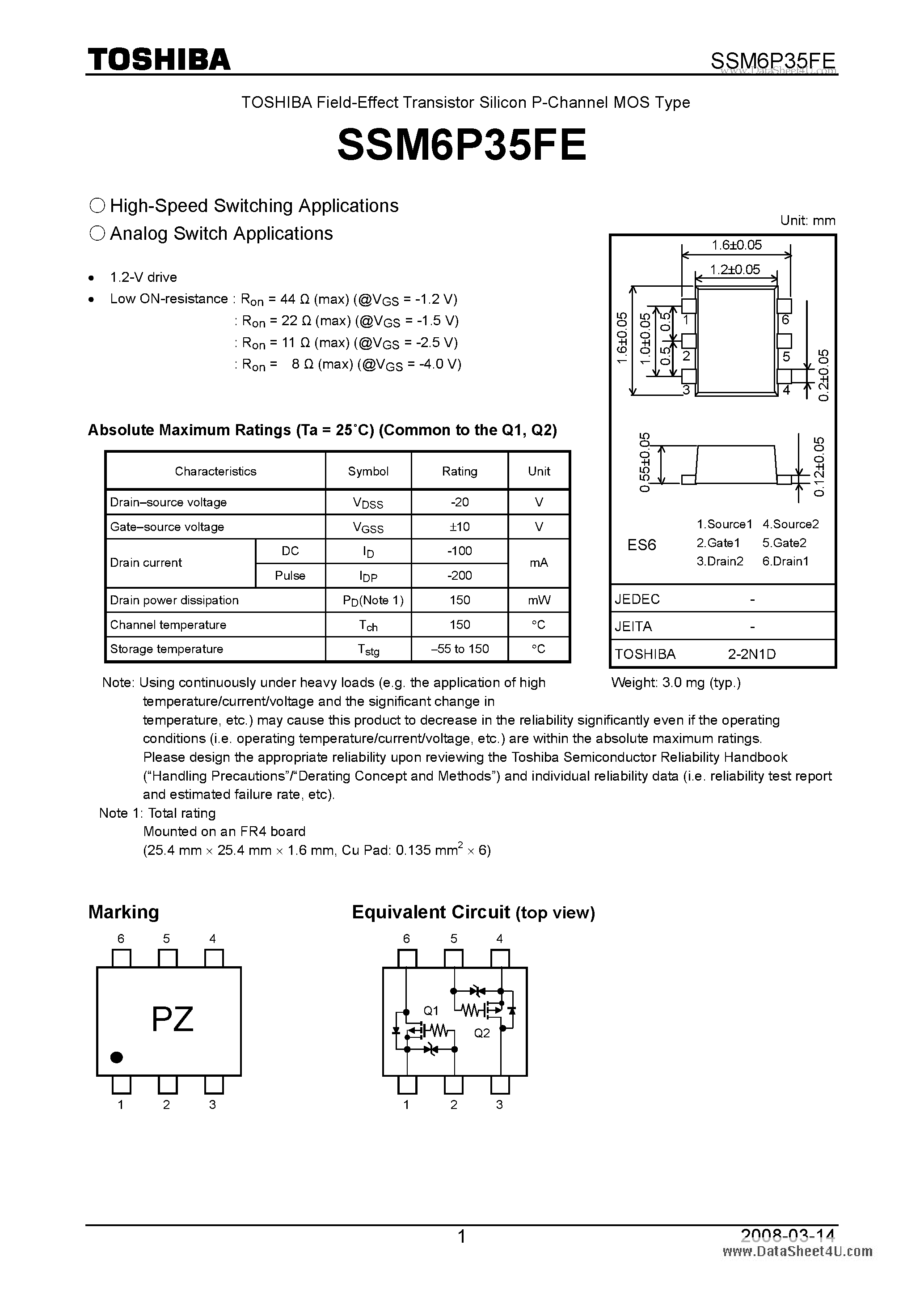 Даташит на микросхему SSM6P35FE страница 1 Даташит SSM6P35FE - High-Speed Switching Applications Analog Switch Applications страница 1