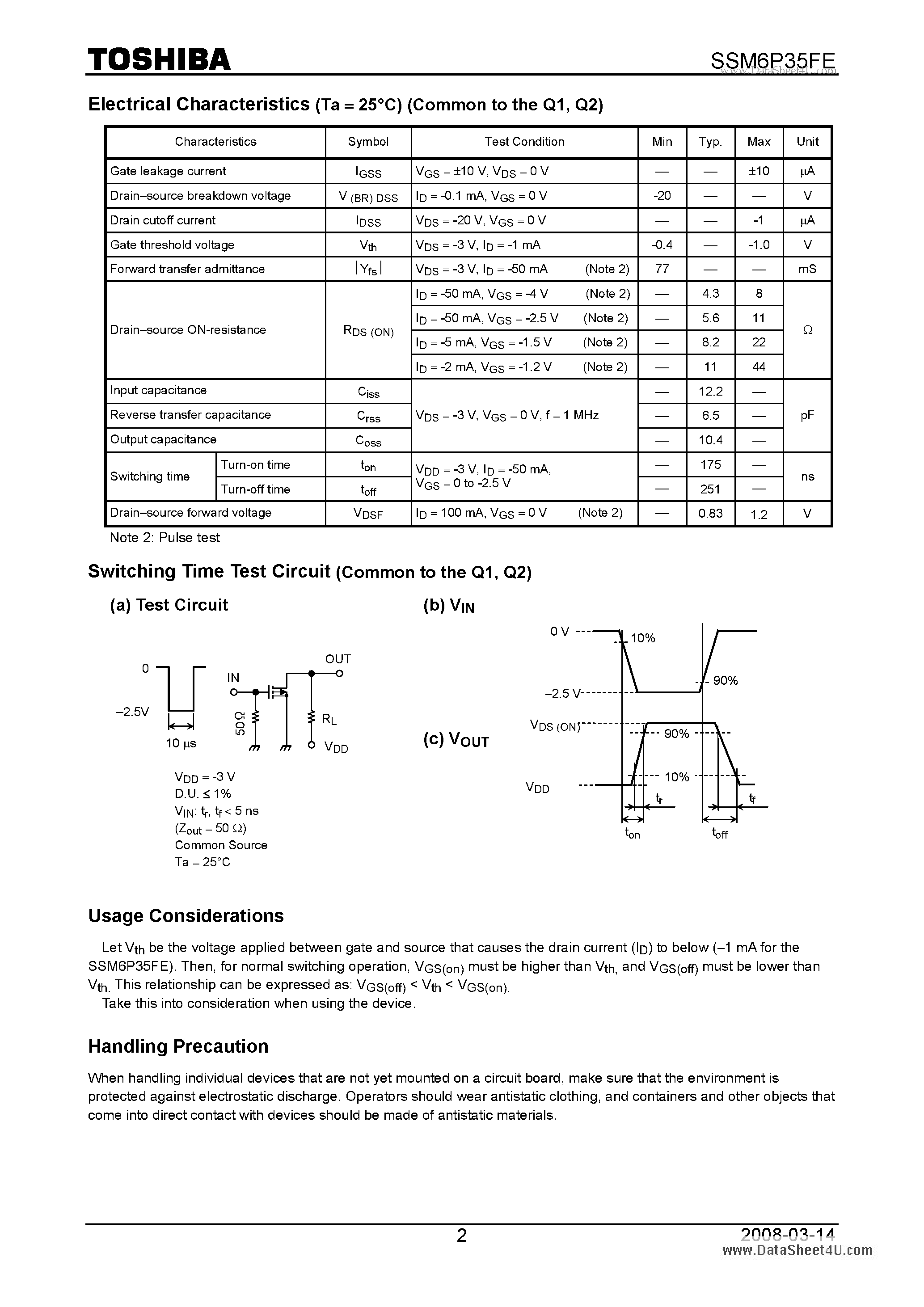 Даташит на микросхему SSM6P35FE страница 2 Даташит SSM6P35FE - High-Speed Switching Applications Analog Switch Applications страница 2