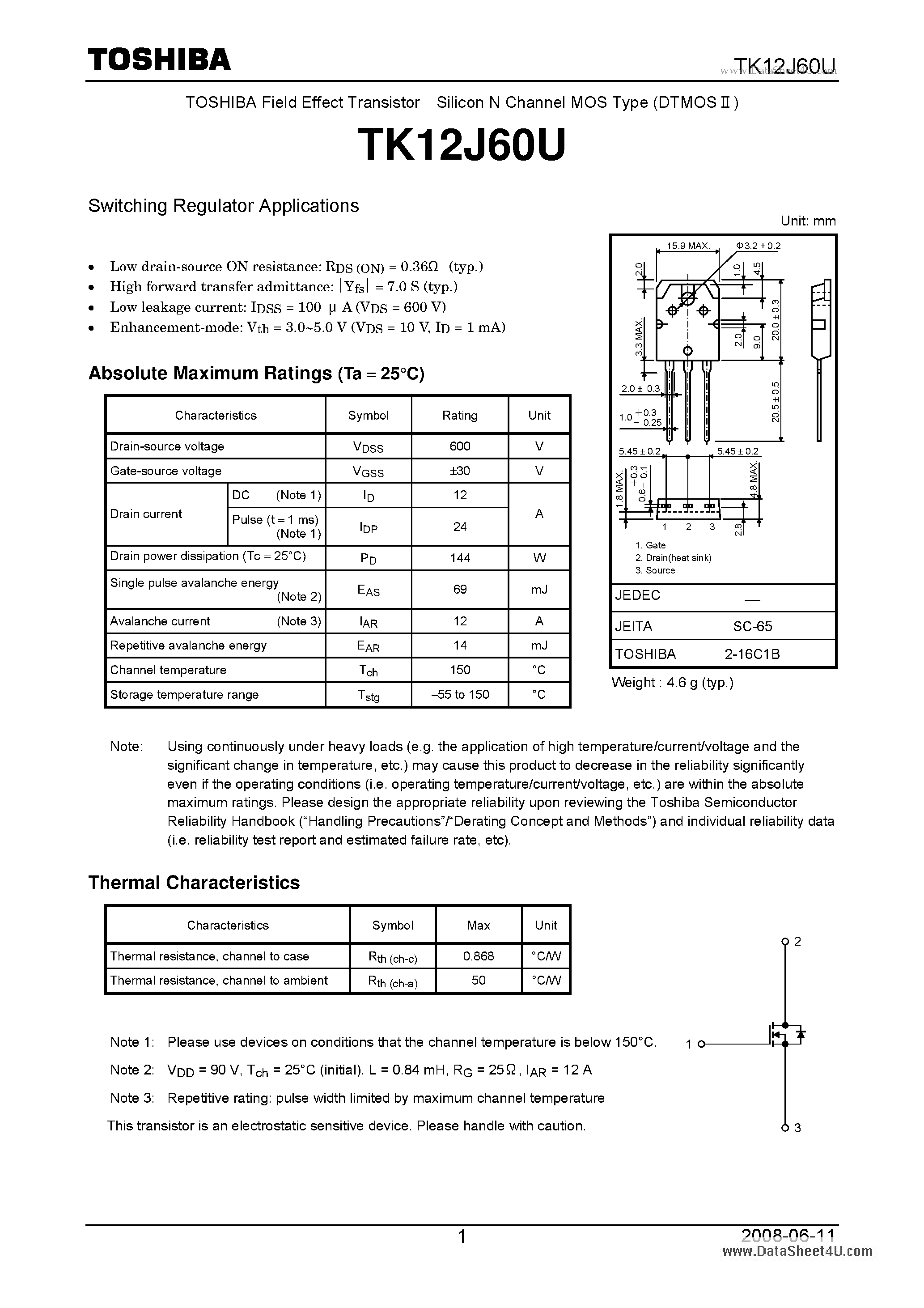 Datasheet TK12J60U - Switching Regulator Applications page 1