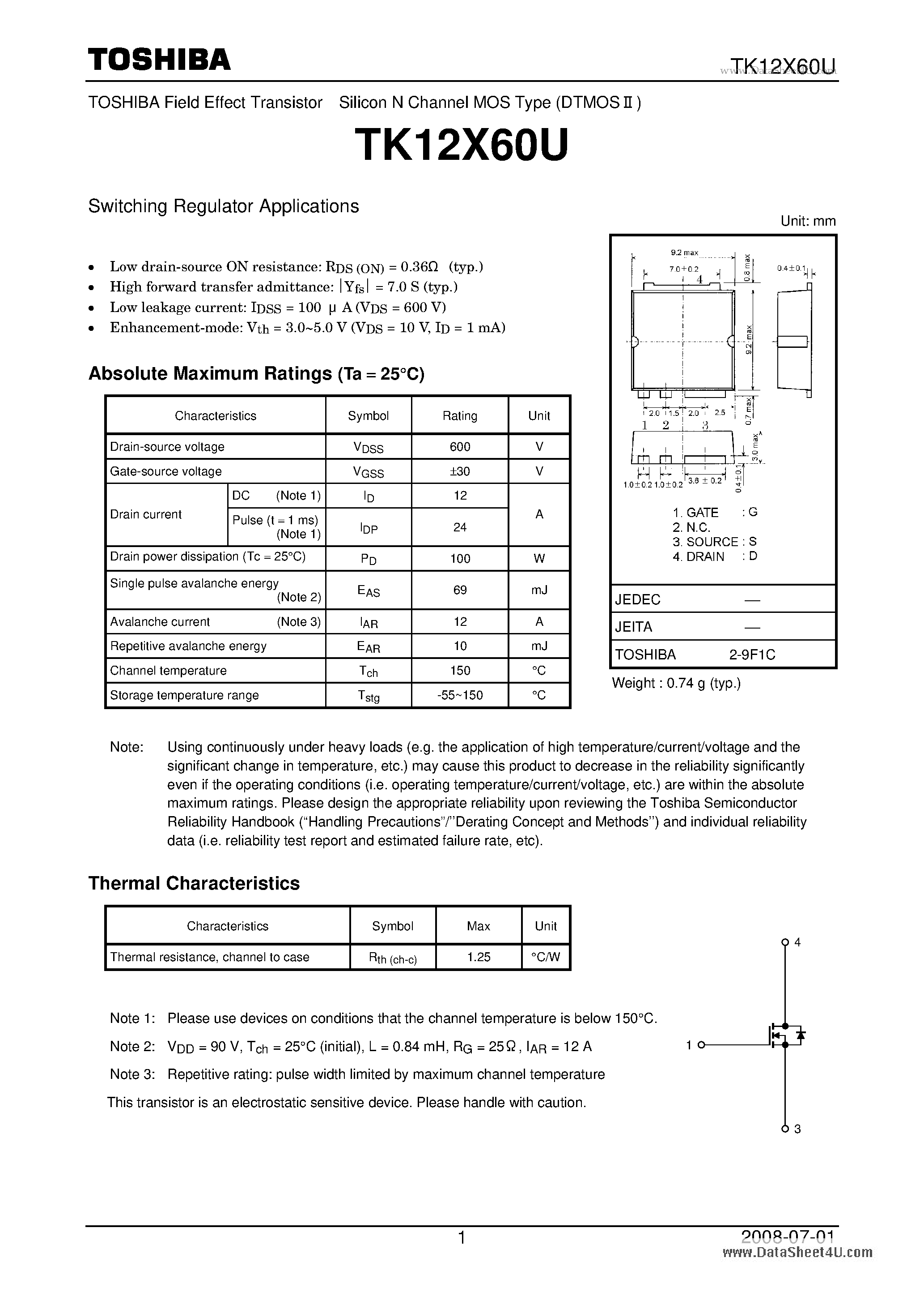 Datasheet TK12X60U - Switching Regulator Applications page 1