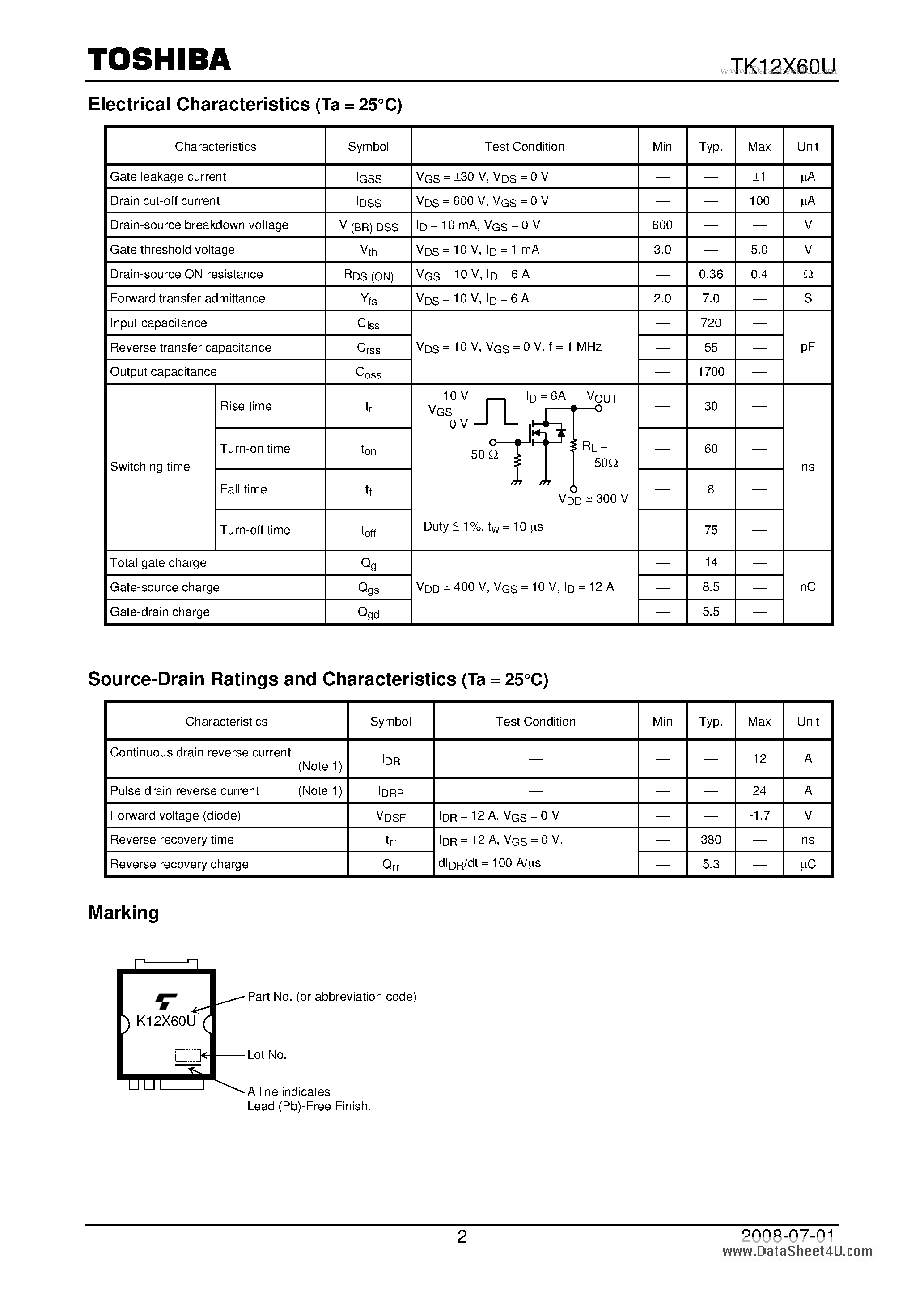 Datasheet TK12X60U - Switching Regulator Applications page 2