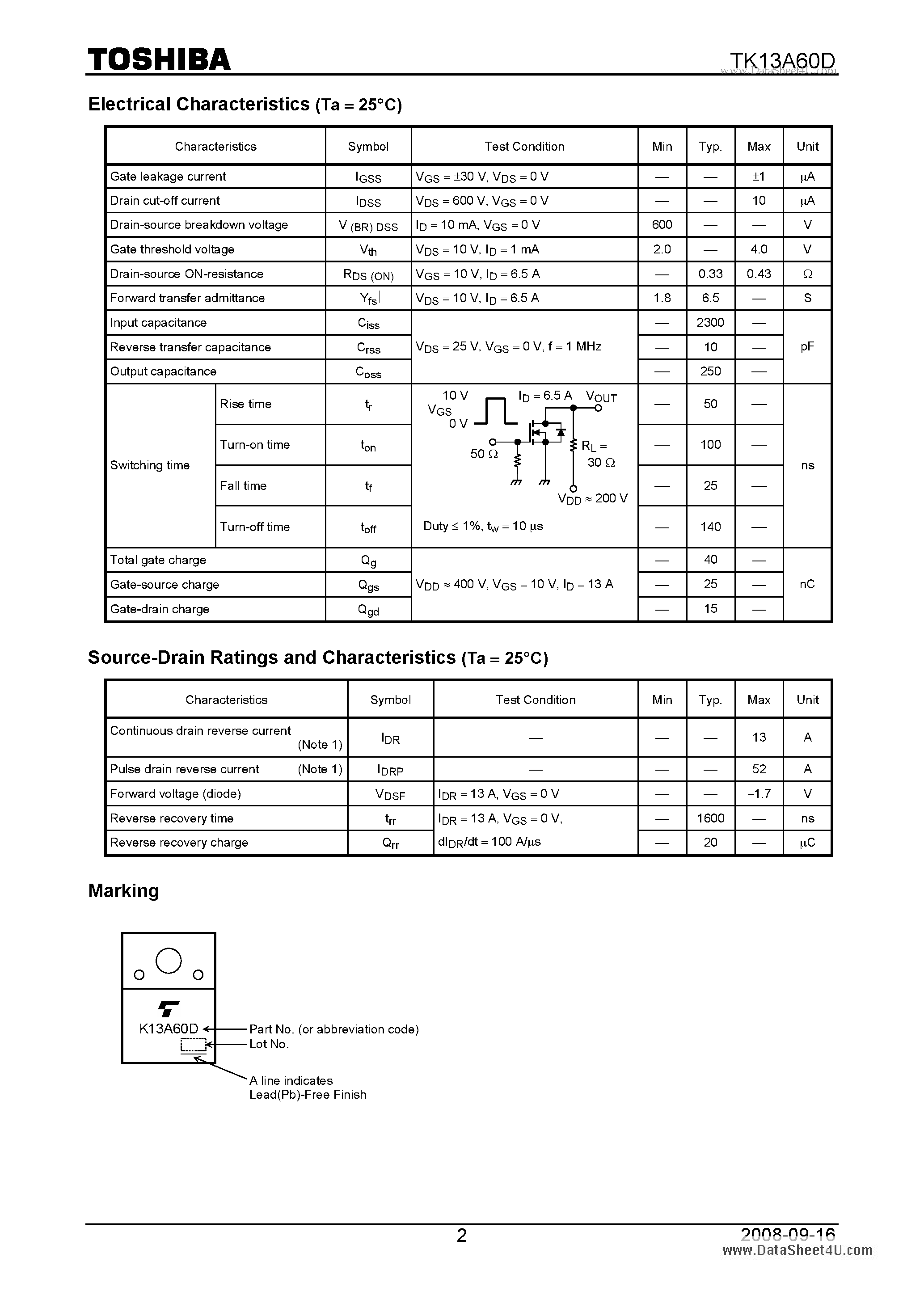 Datasheet TK13A60D - Switching Regulator Applications page 2