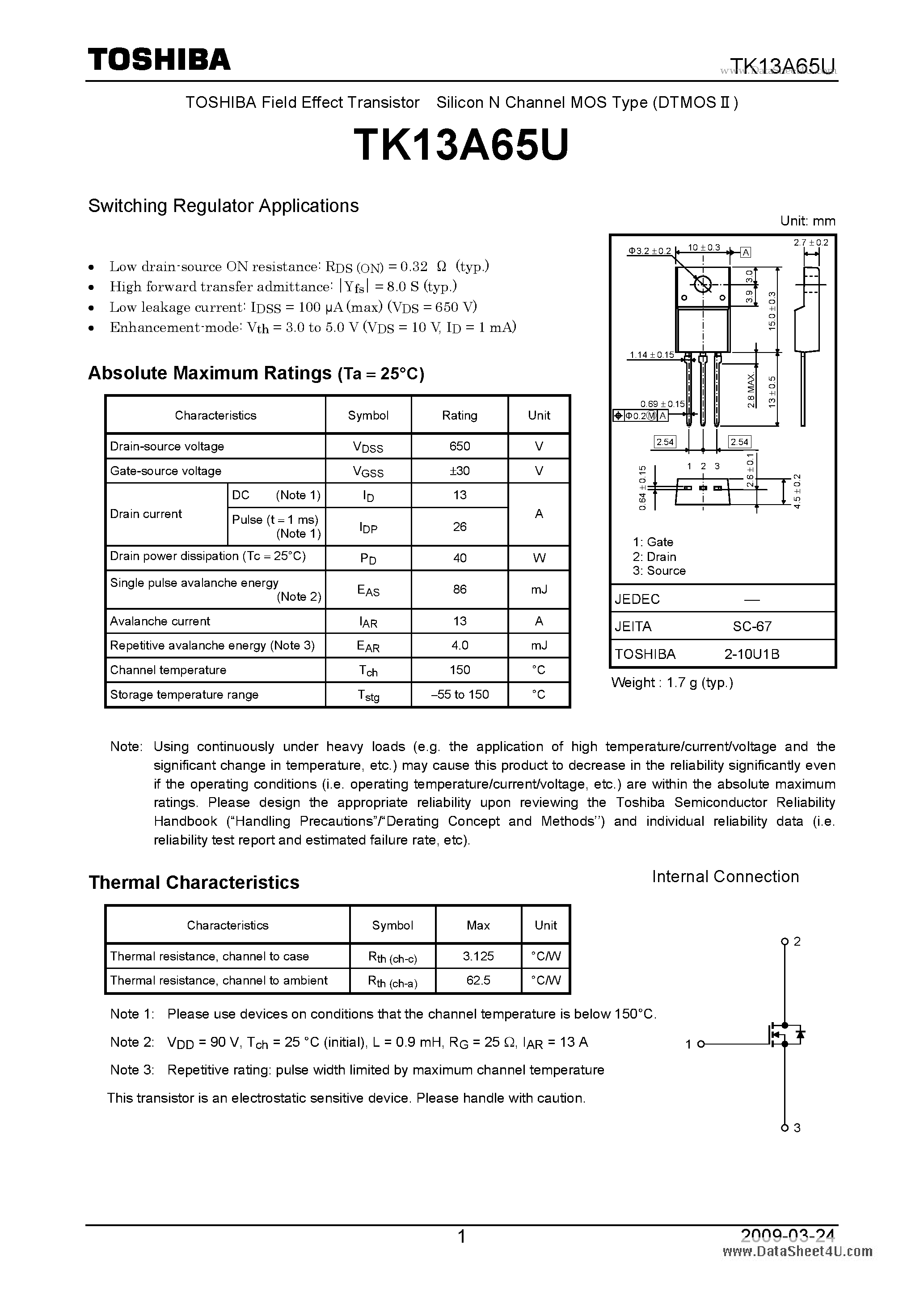 Datasheet TK13A65U - Switching Regulator Applications page 1