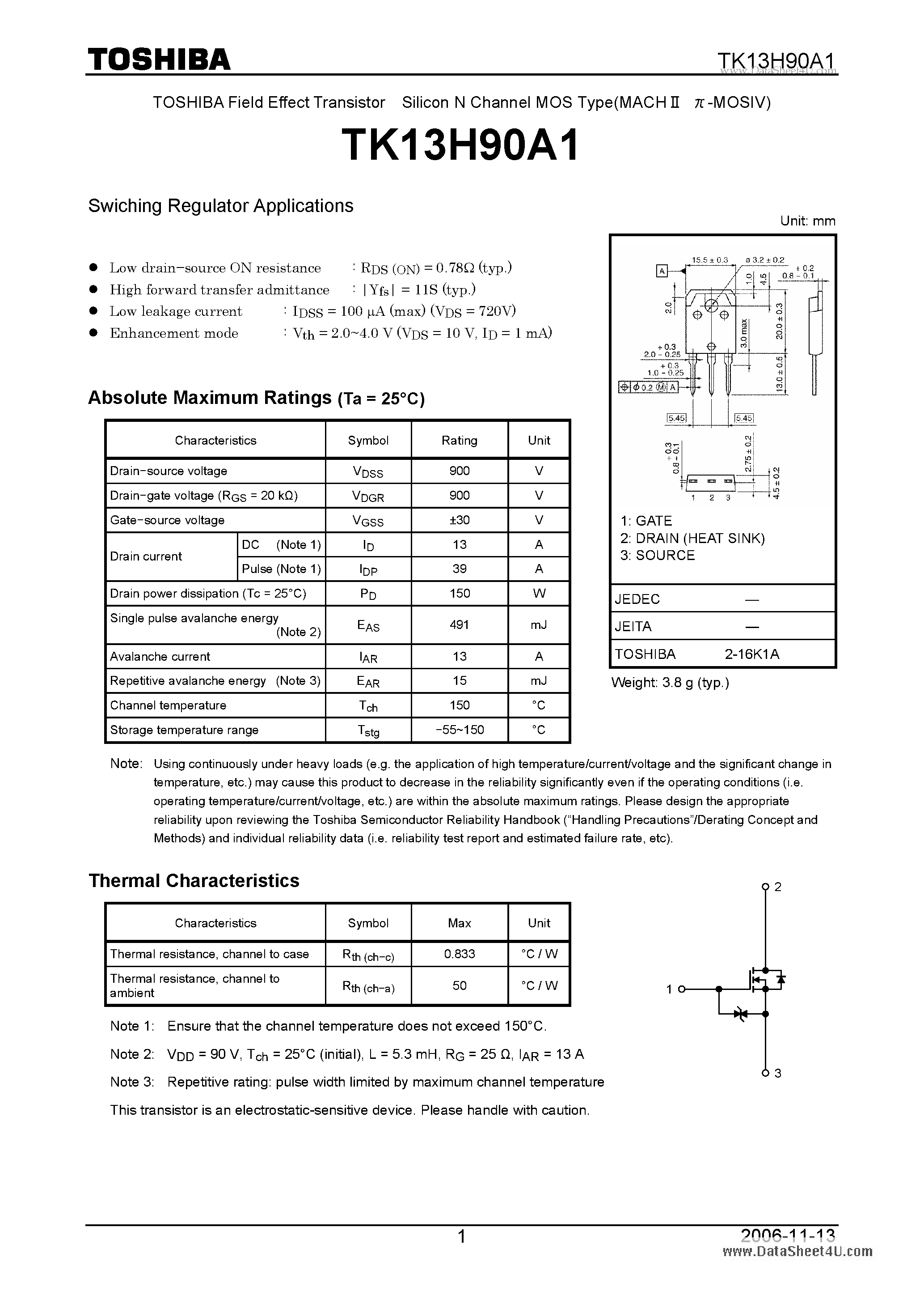 Datasheet TK13H90A1 - Switching Regulator Applications page 1