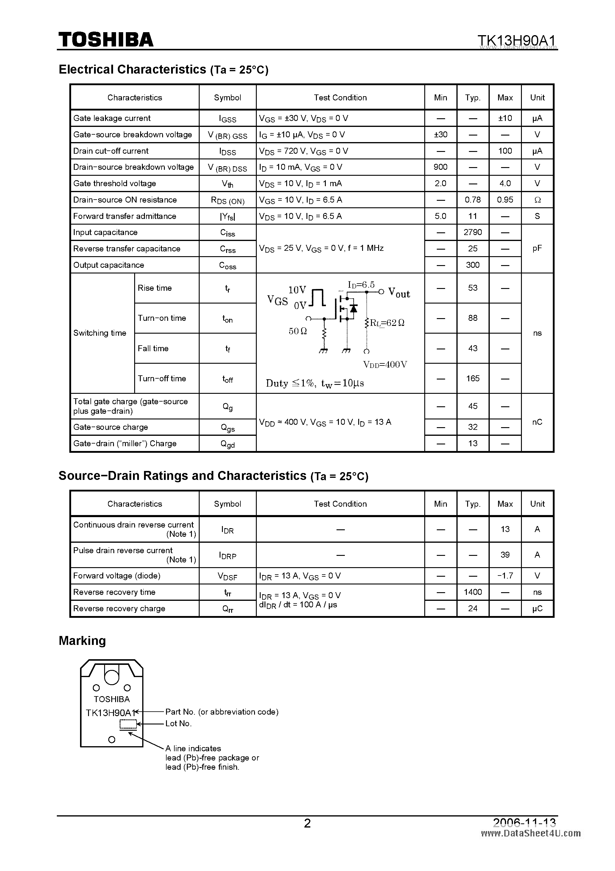 Datasheet TK13H90A1 - Switching Regulator Applications page 2