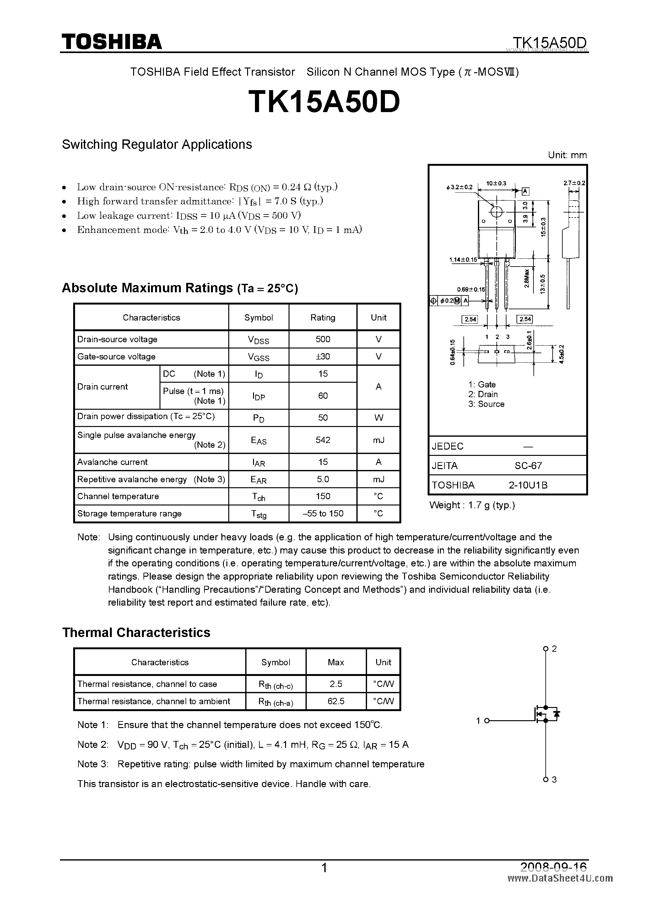 Datasheet TK15A50D page 1 Datasheet TK15A50D - Switching Regulator Applications page 1