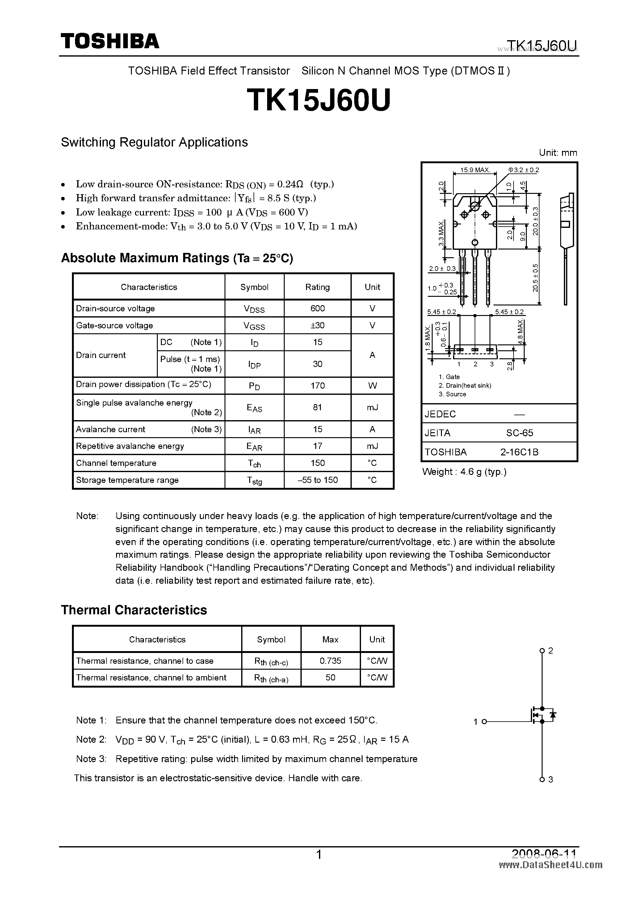 Datasheet TK15J60U page 1 Datasheet TK15J60U - Switching Regulator Applications page 1
