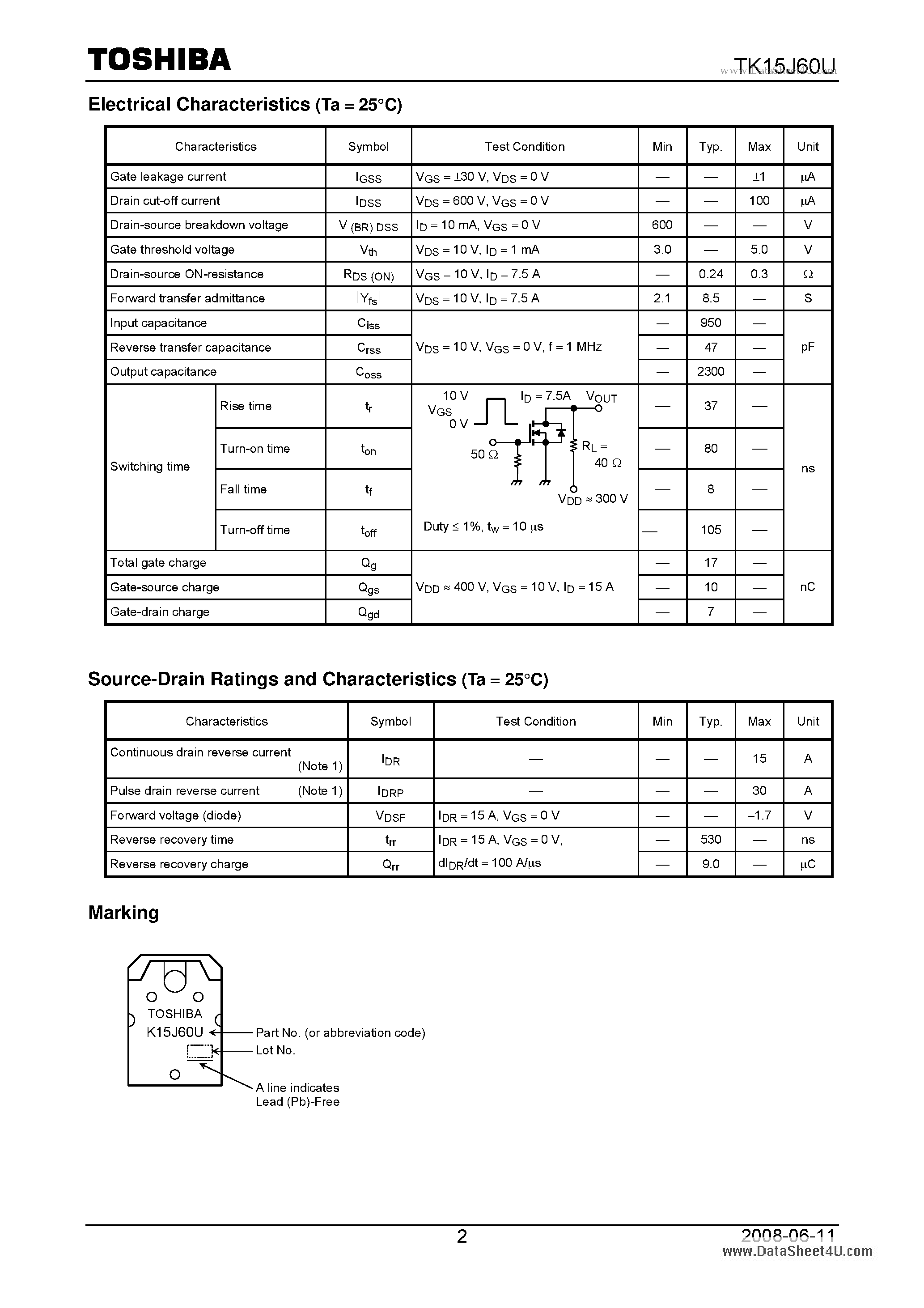 Datasheet TK15J60U page 2 Datasheet TK15J60U - Switching Regulator Applications page 2
