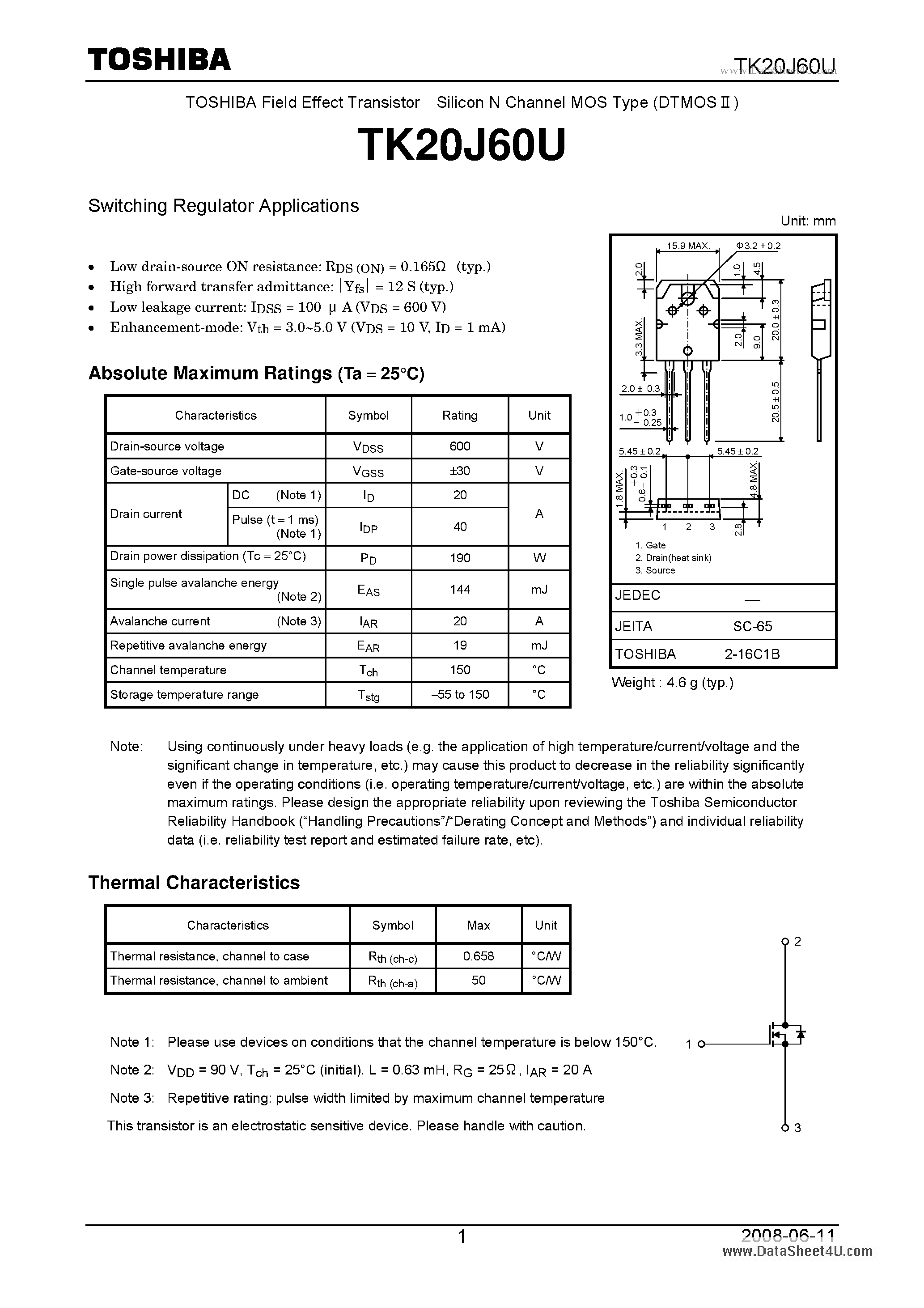 Datasheet TK20J60U - Switching Regulator Applications page 1