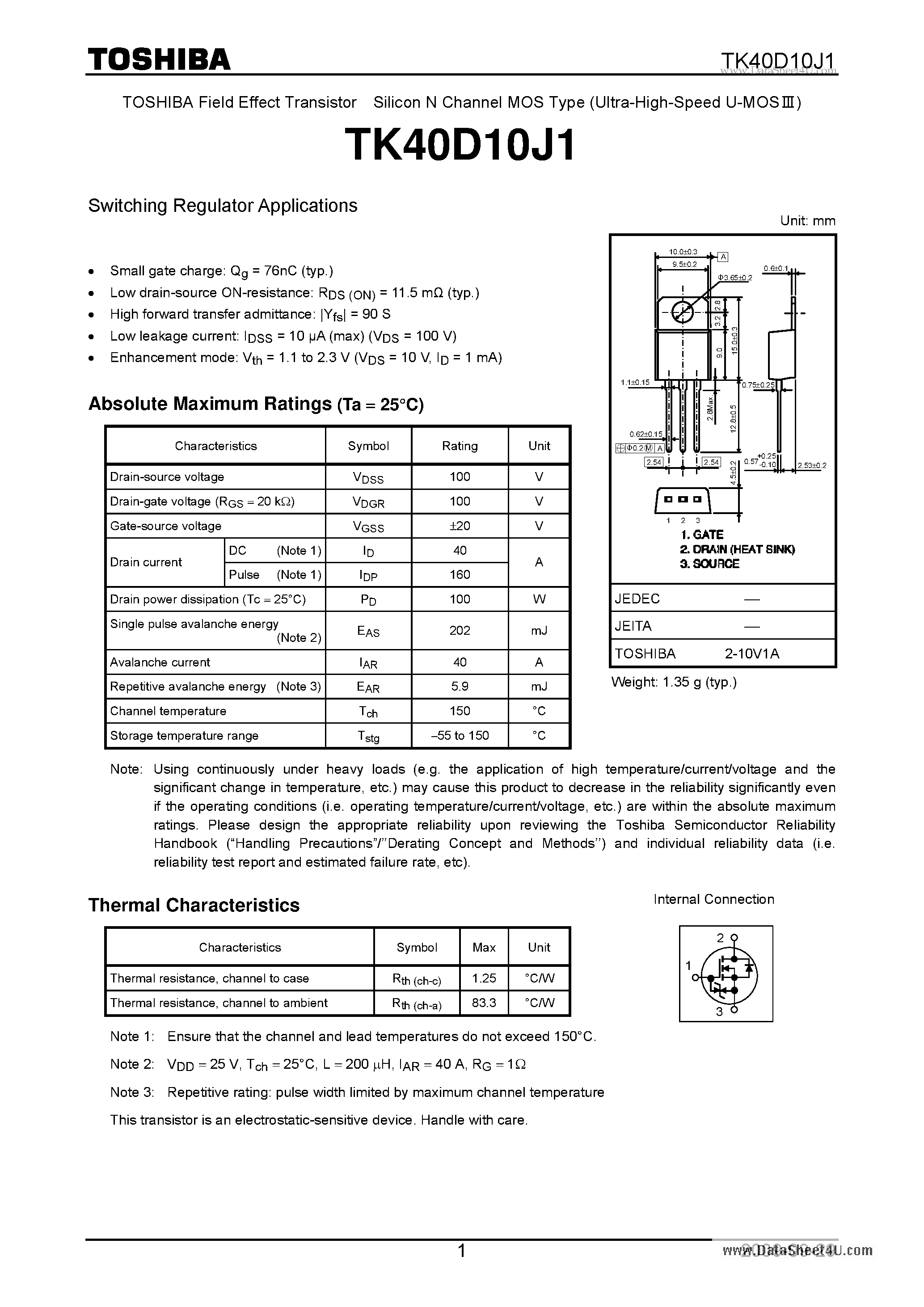 Datasheet TK40D10J1 page 1 Datasheet TK40D10J1 - Switching Regulator Applications page 1