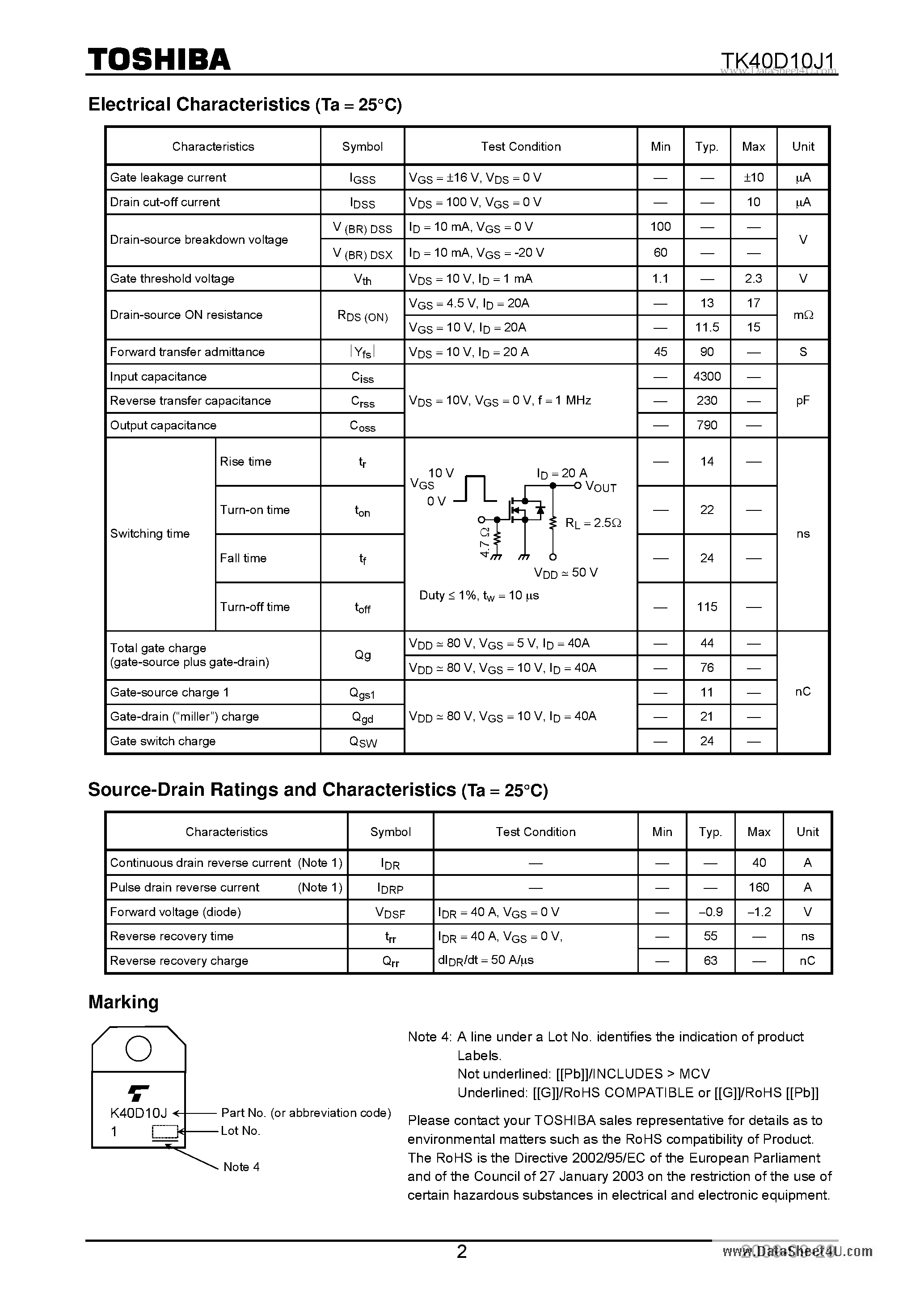 Datasheet TK40D10J1 page 2 Datasheet TK40D10J1 - Switching Regulator Applications page 2