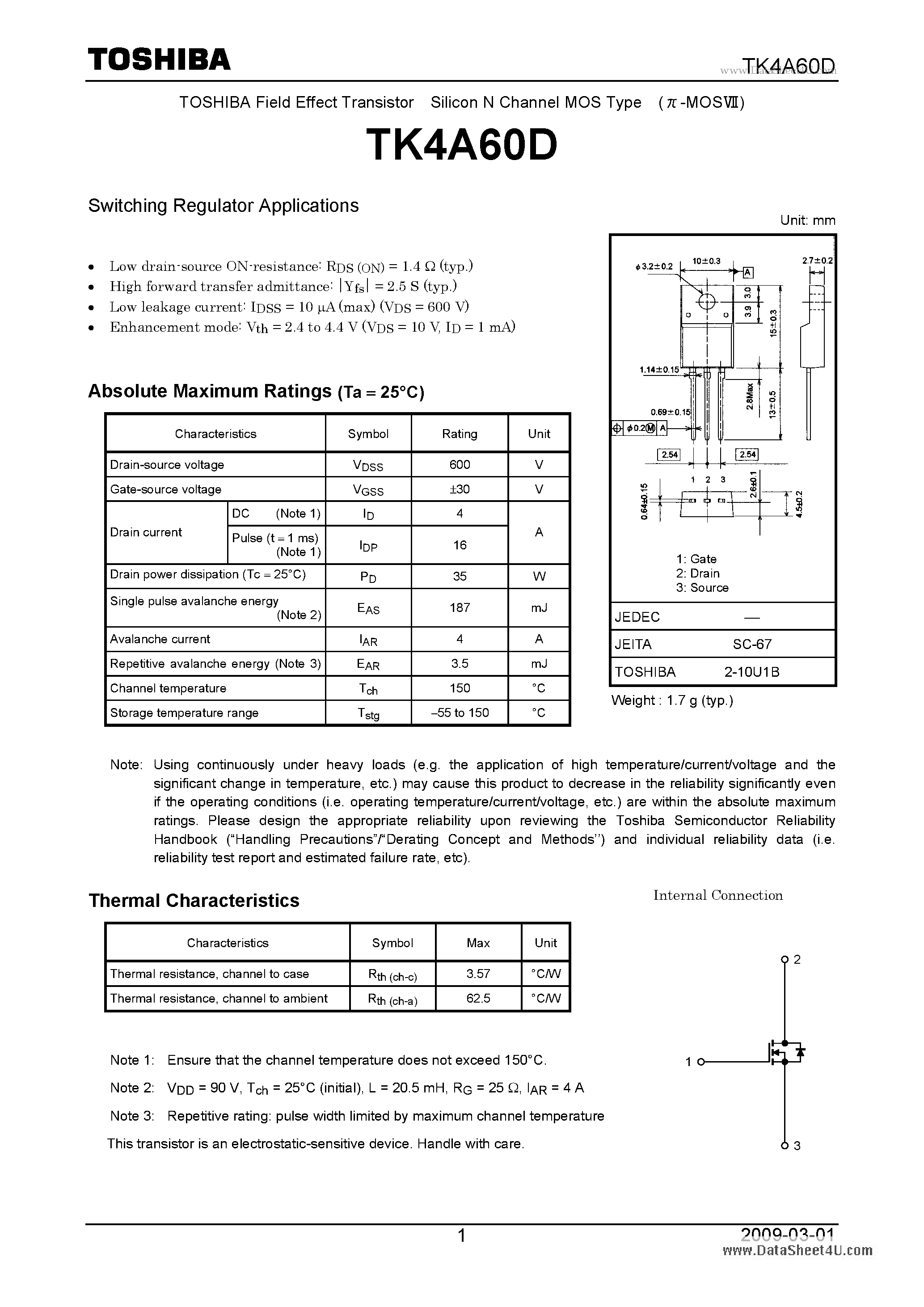 Datasheet TK4A60D - Switching Regulator Applications page 1