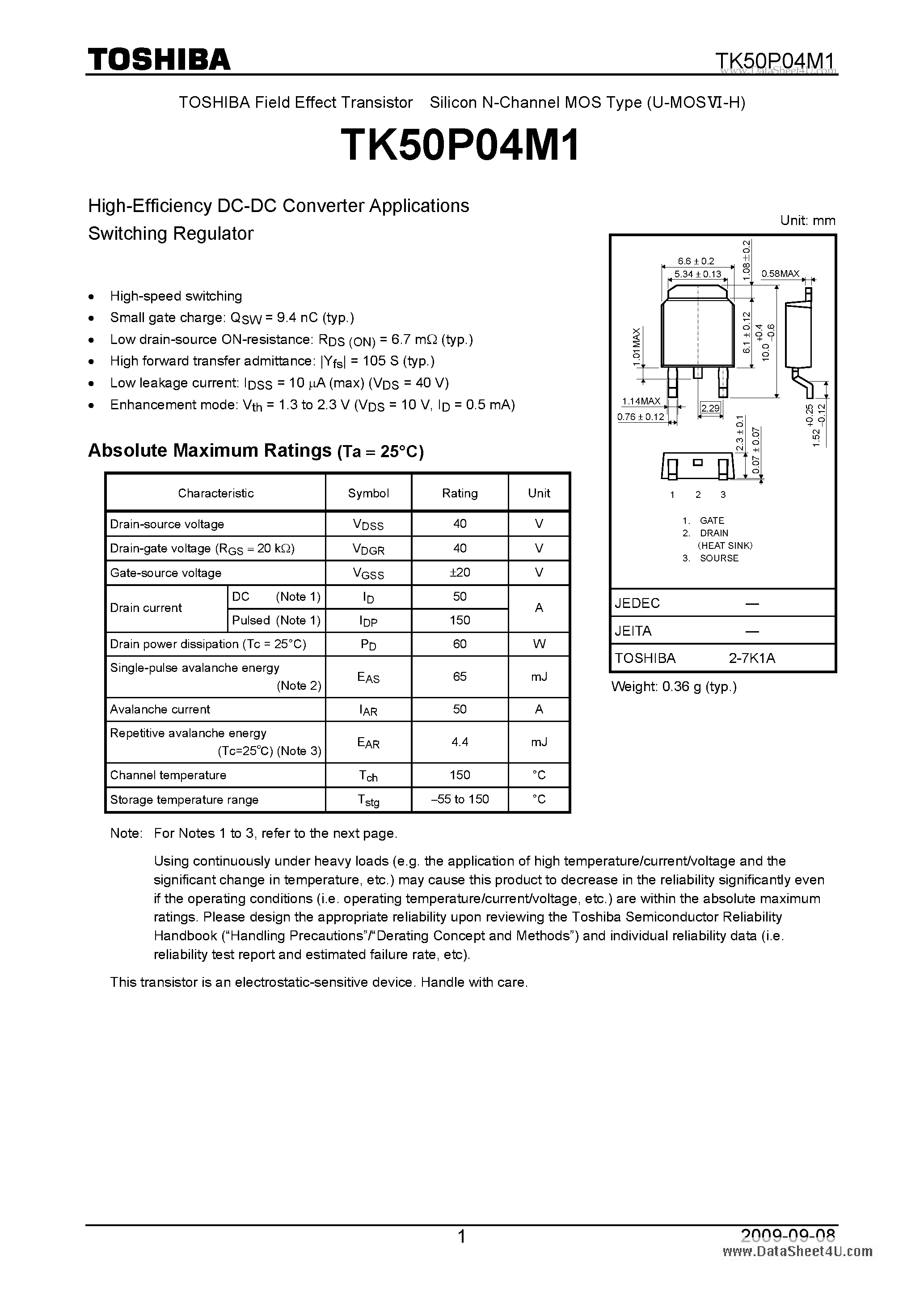Datasheet TK50P04M1 - High-Efficiency DC-DC Converter Applications Switching Regulator page 1
