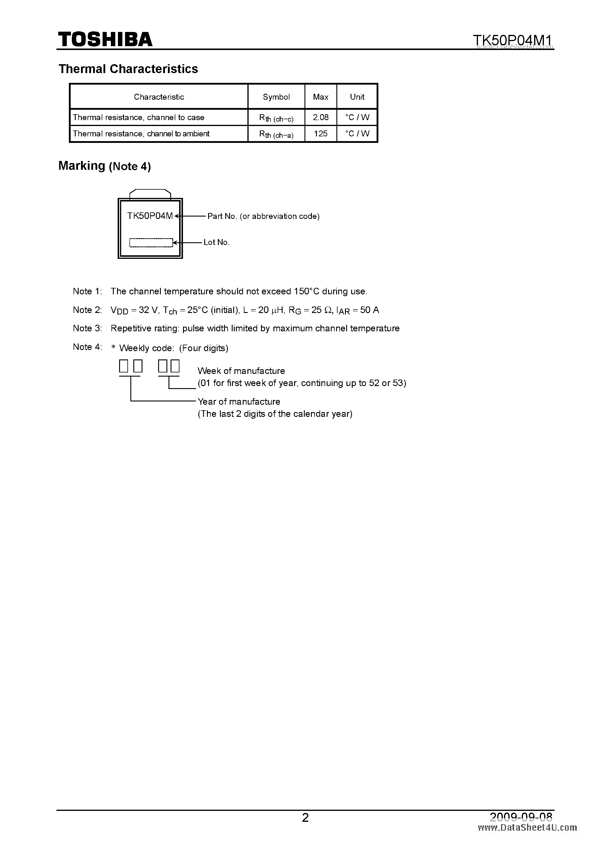Datasheet TK50P04M1 - High-Efficiency DC-DC Converter Applications Switching Regulator page 2