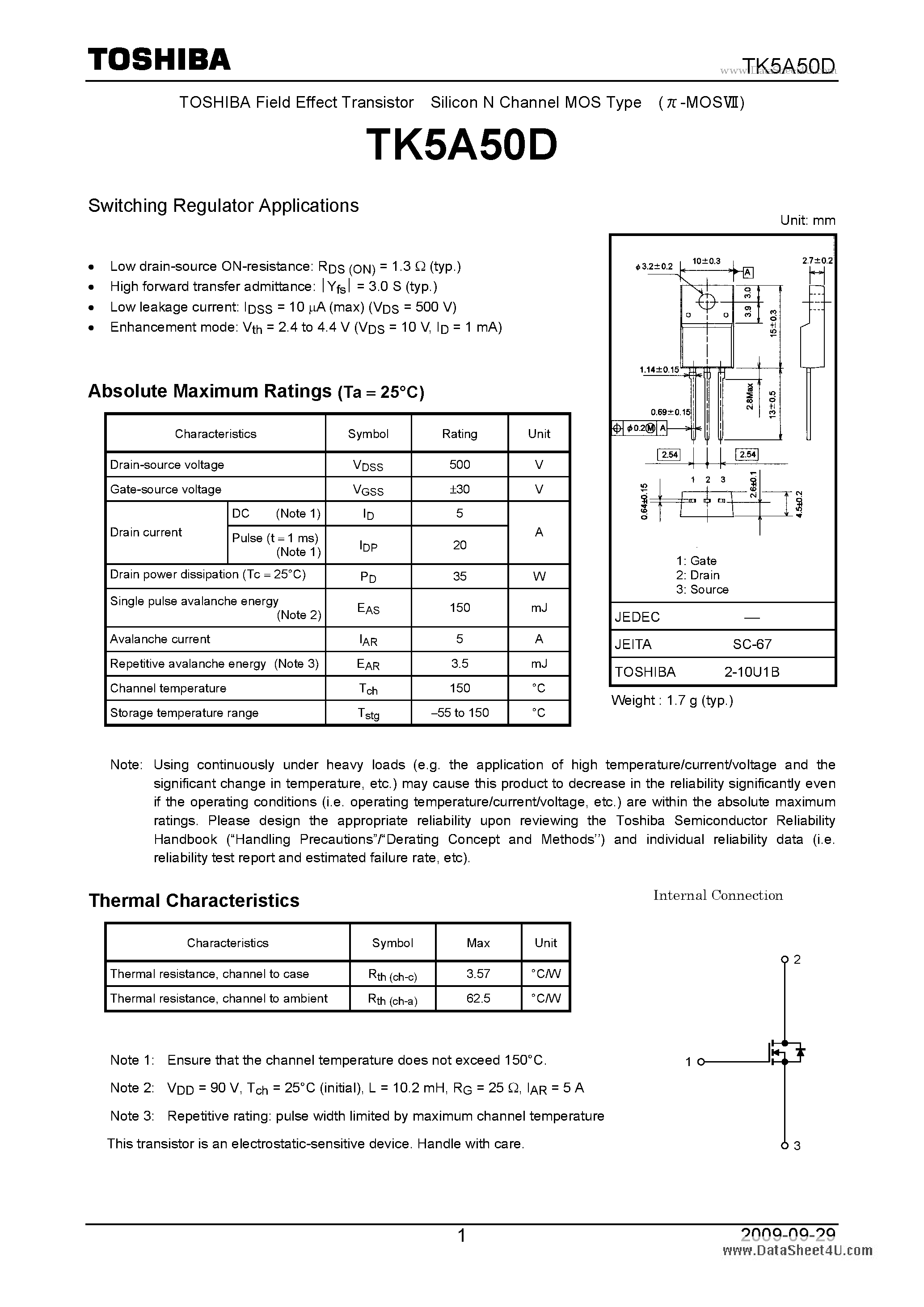 Datasheet TK5A50D - Switching Regulator Applications page 1
