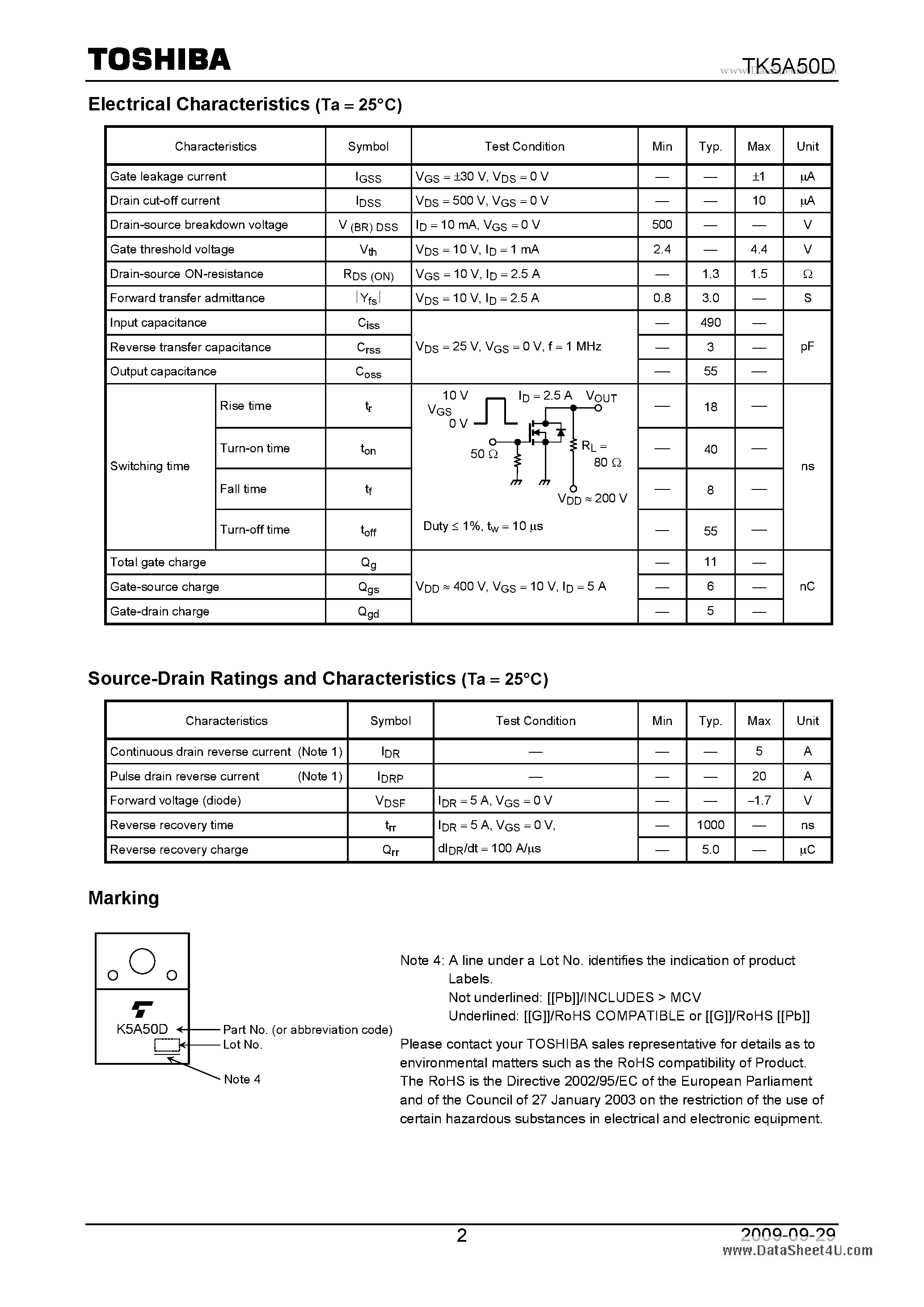 Datasheet TK5A50D - Switching Regulator Applications page 2