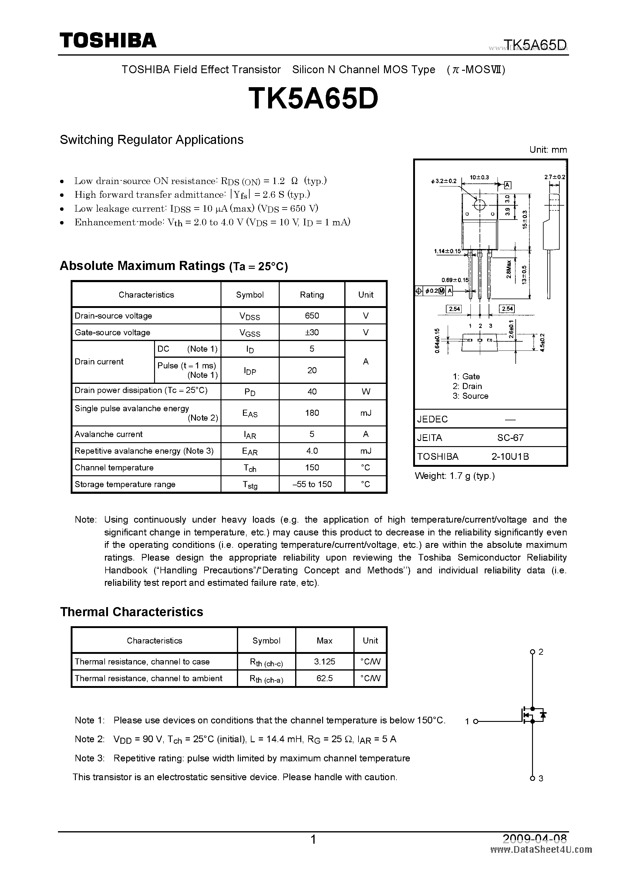 Datasheet TK5A65D - Switching Regulator Applications page 1