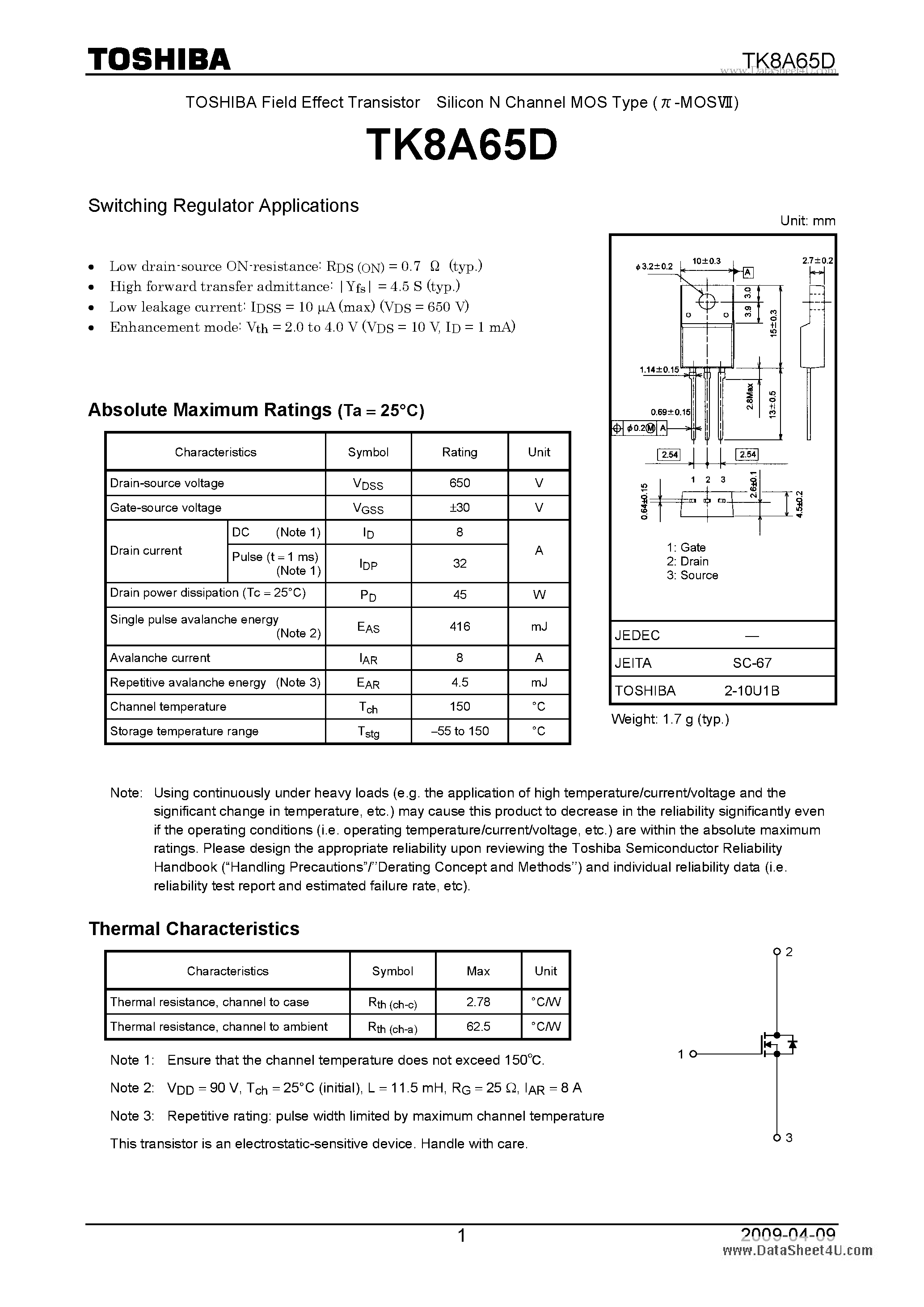 Datasheet TK8A65D - Switching Regulator Applications page 1