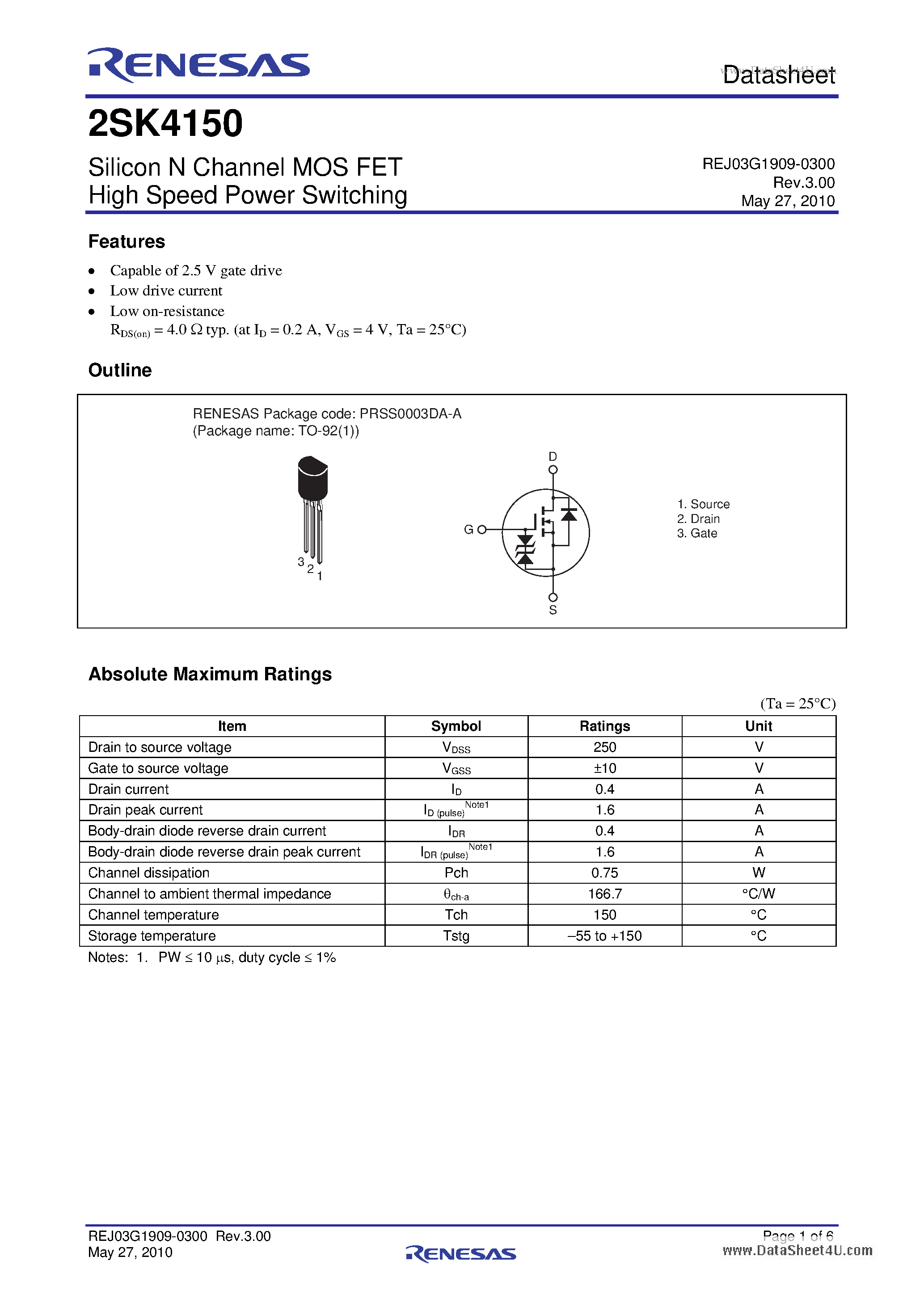 Datasheet 2SK4150 - Silicon N Channel MOS FET High Speed Power Switching page 1