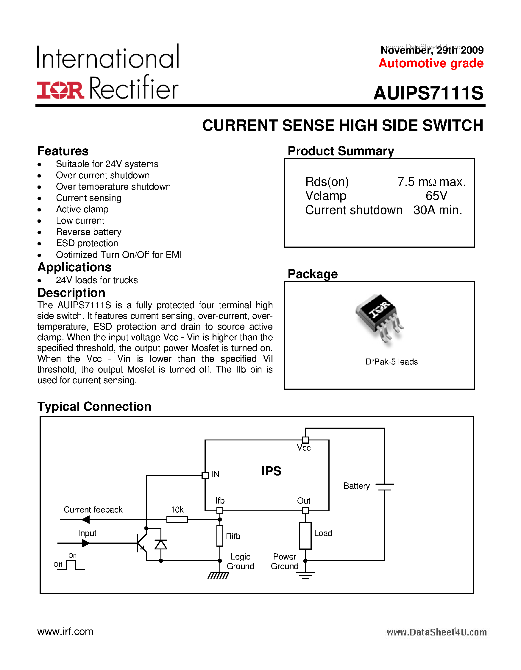 Даташит AUIPS7111S - CURRENT SENSE HIGH SIDE SWITCH страница 1