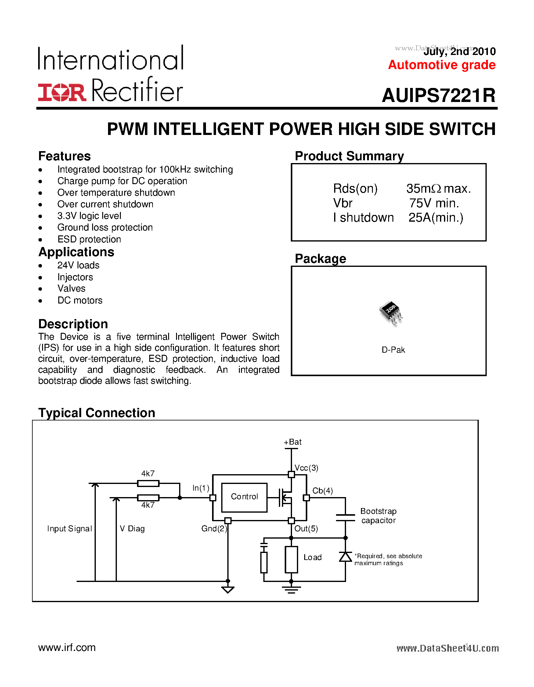 Даташит AUIPS7221R - PWM INTELLIGENT POWER HIGH SIDE SWITCH страница 1