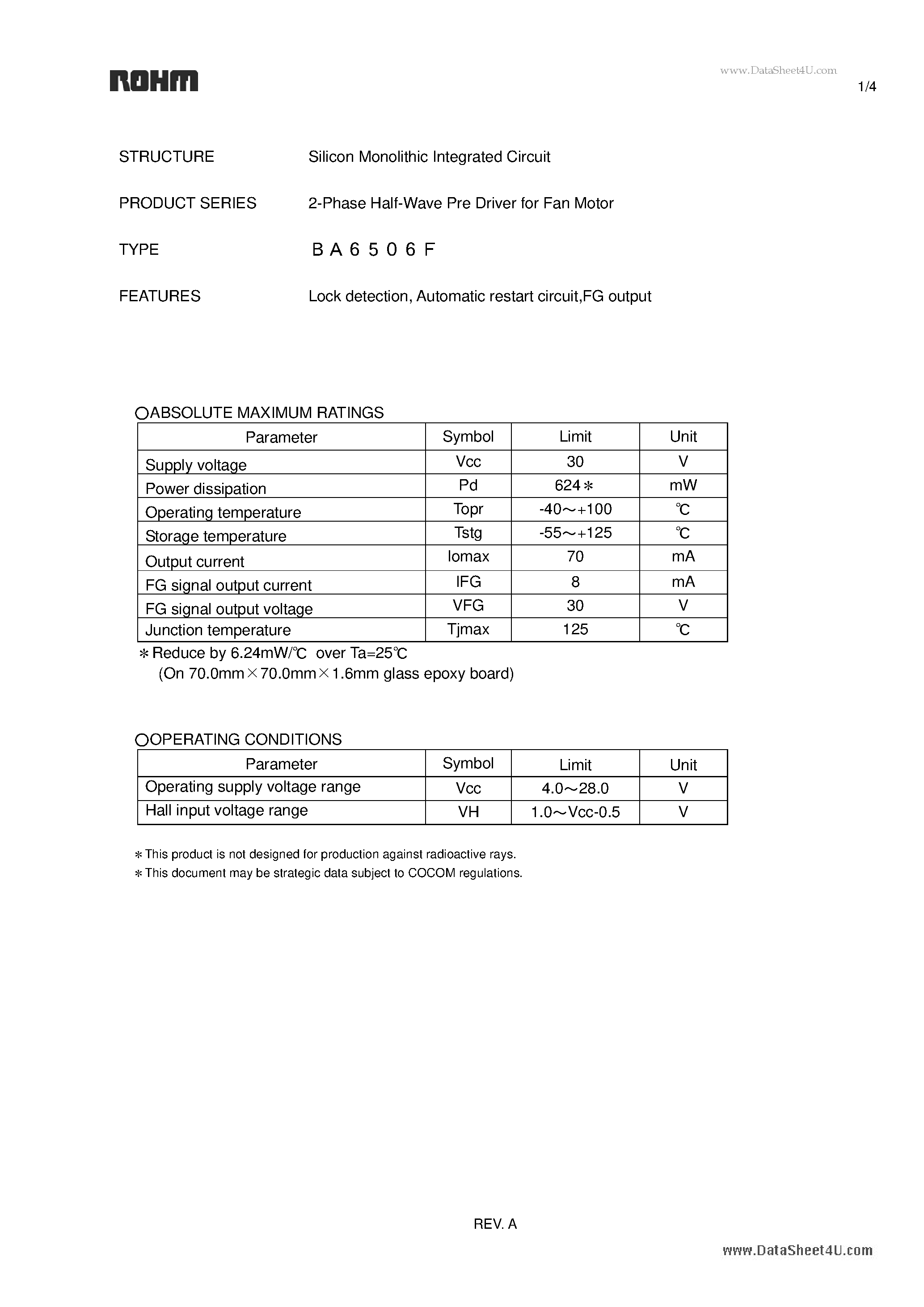 Даташит на микросхему BA6506F страница 1 Даташит BA6506F - 2-Phase Half-Wave Pre Driver страница 1
