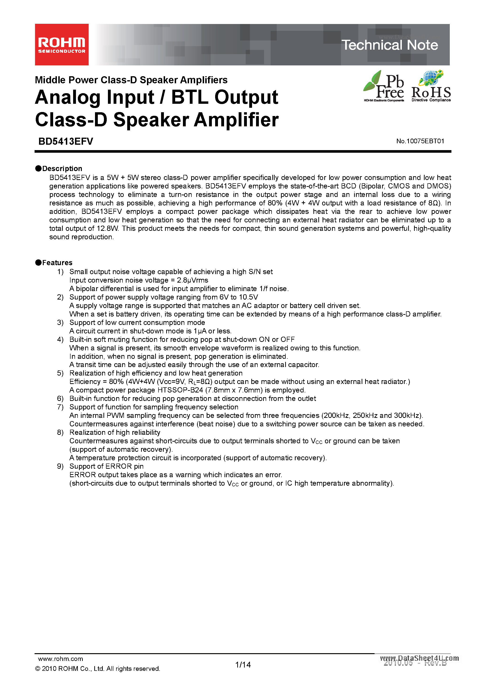 Datasheet BD5413EFV page 1 Datasheet BD5413EFV - Analog Input / BTL Output Class-D Speaker Amplifier page 1