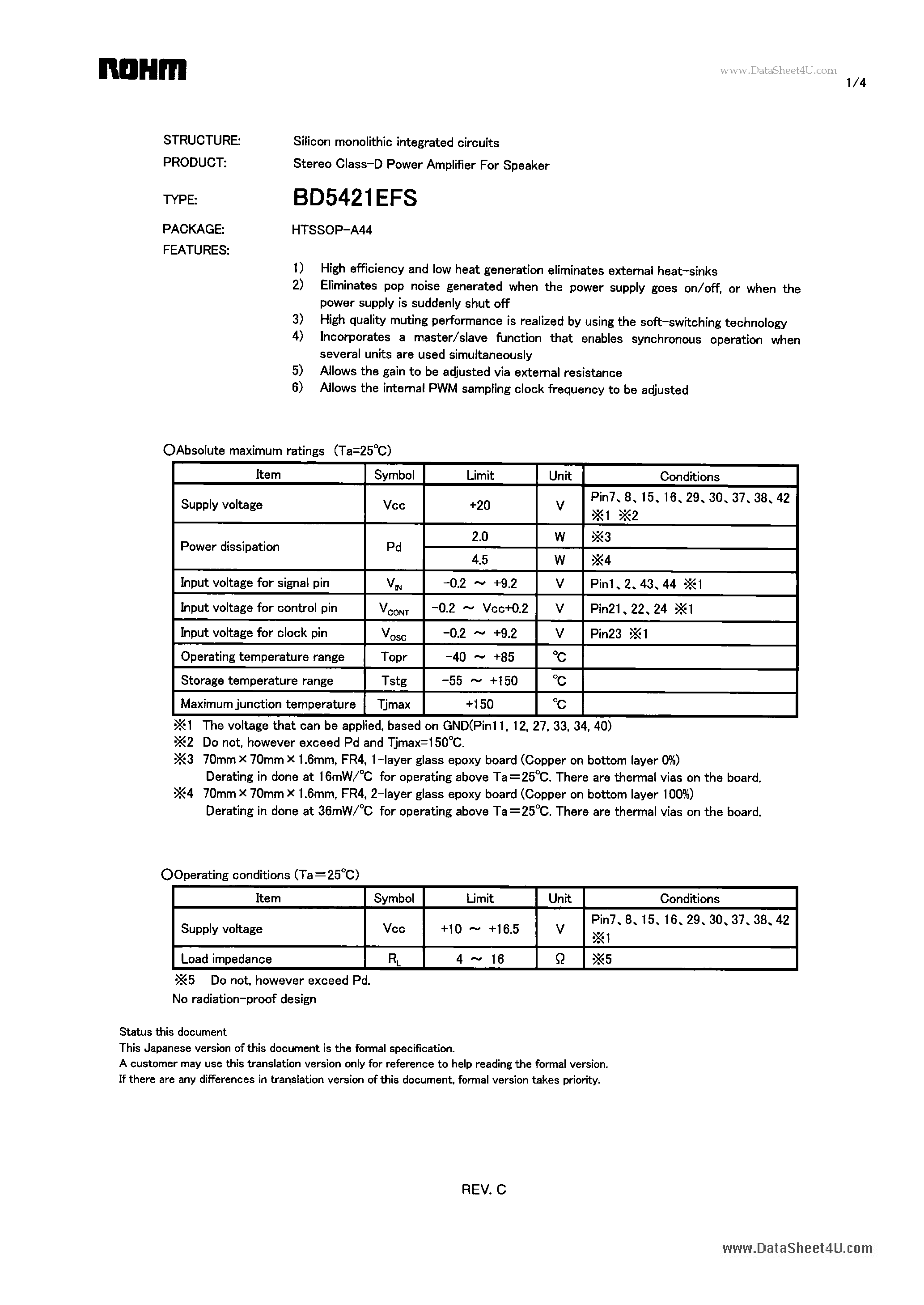 Datasheet BD5421EFS page 1 Datasheet BD5421EFS - Stereo Class-D Power Amplifier page 1