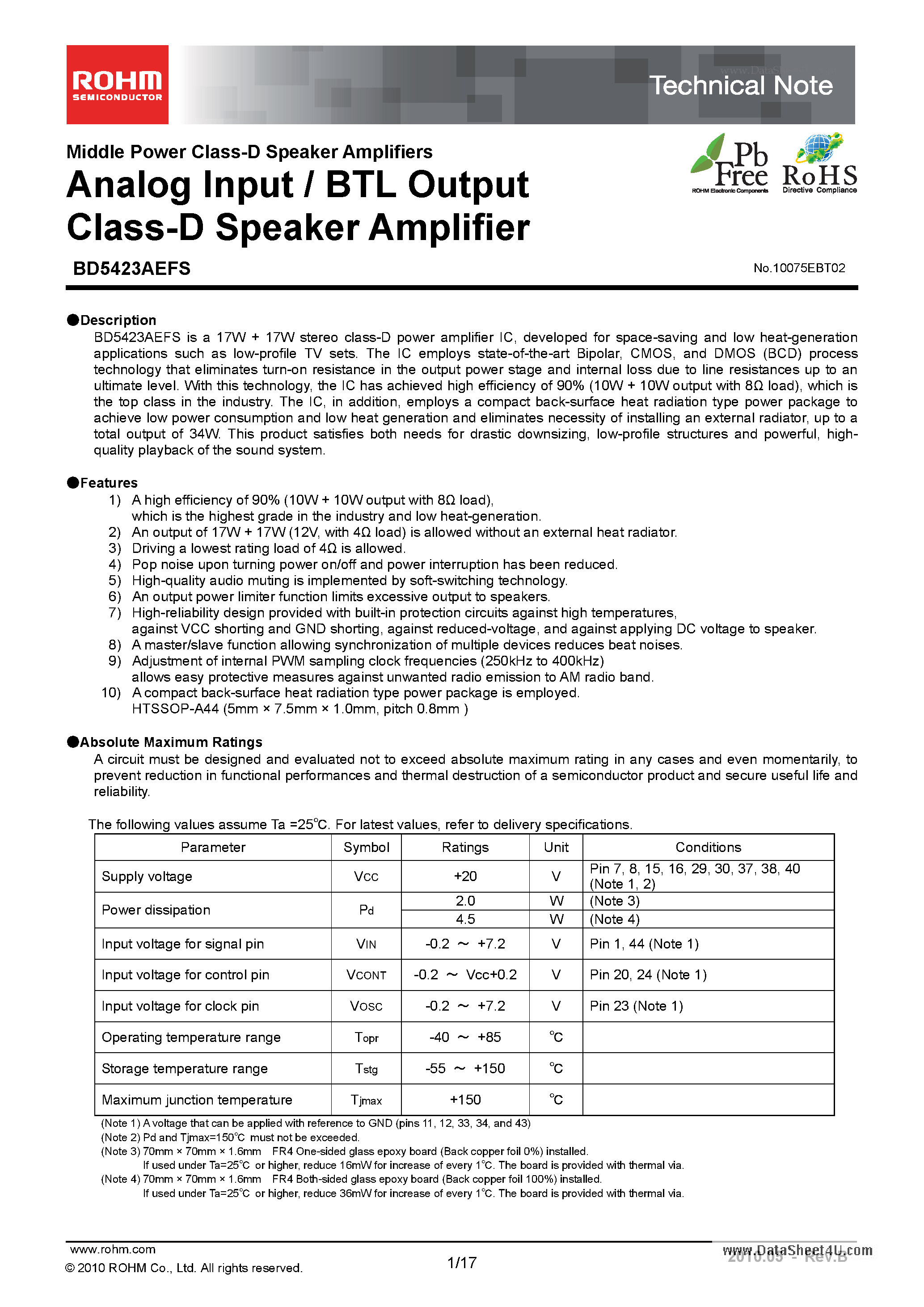 Datasheet BD5423AEFS - Analog Input / BTL Output Class-D Speaker Amplifier page 1