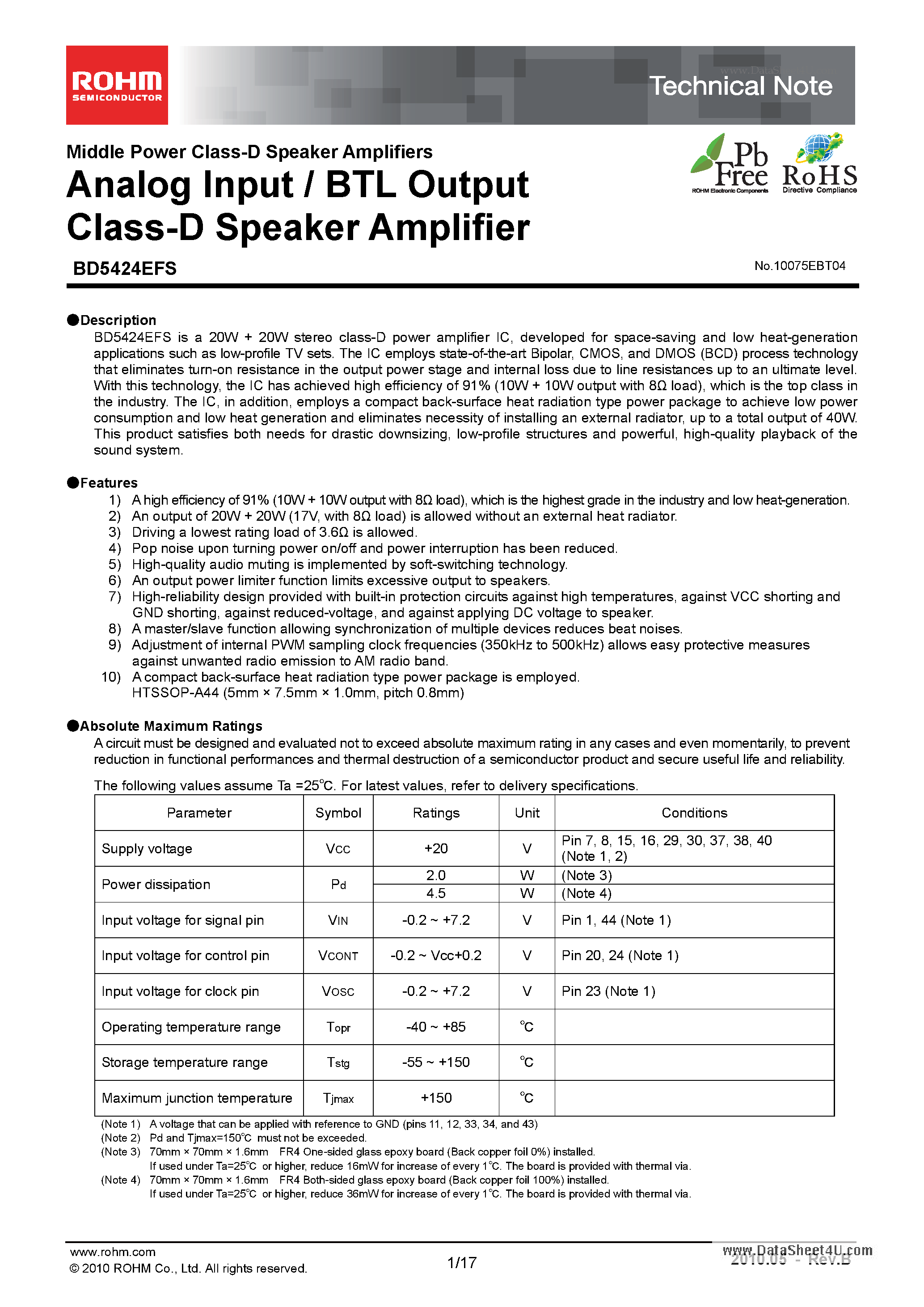 Datasheet BD5424EFS page 1 Datasheet BD5424EFS - Analog Input / BTL Output Class-D Speaker Amplifier page 1
