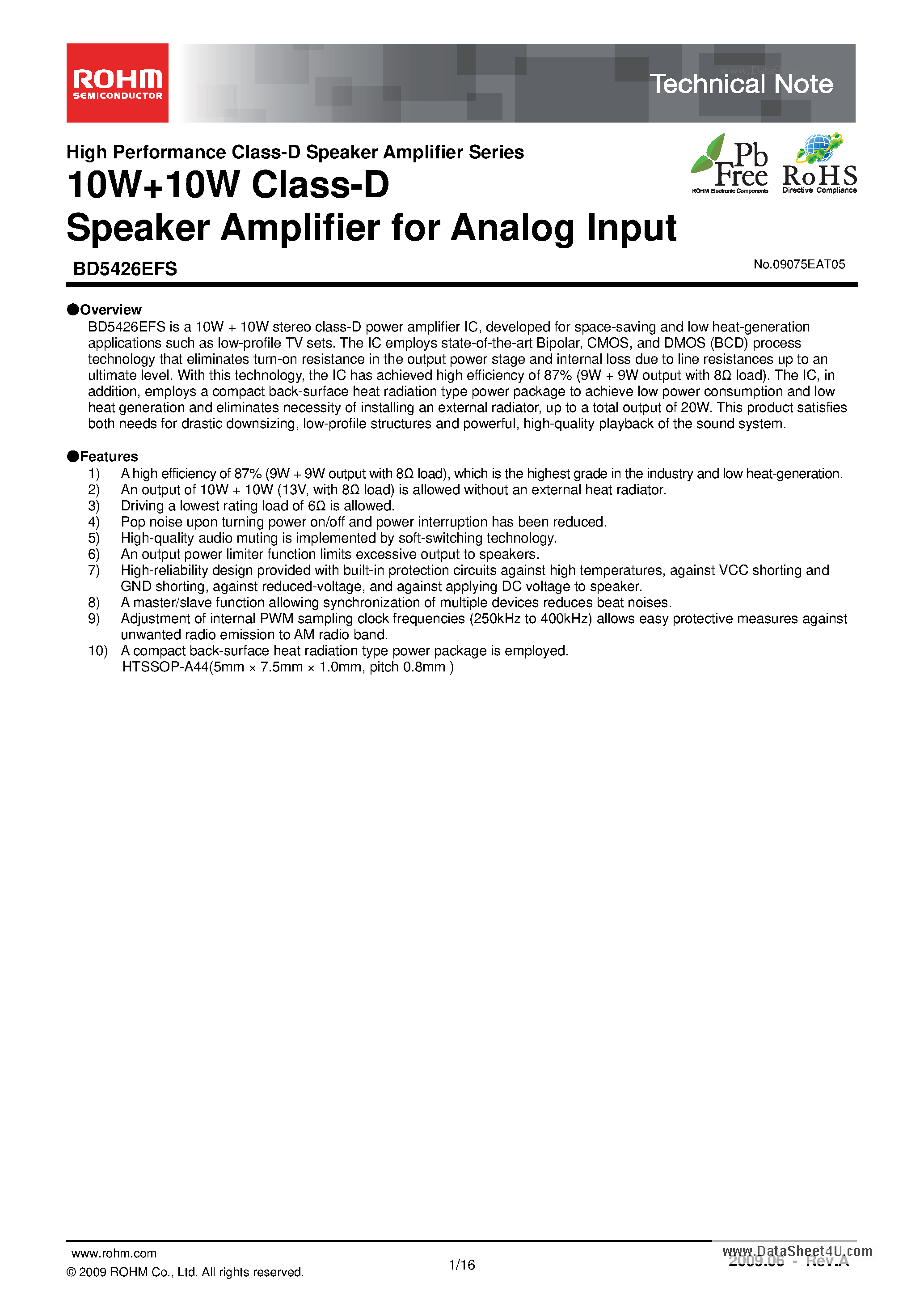 Datasheet BD5426EFS page 1 Datasheet BD5426EFS - 10W10W Class-D Speaker Amplifier page 1