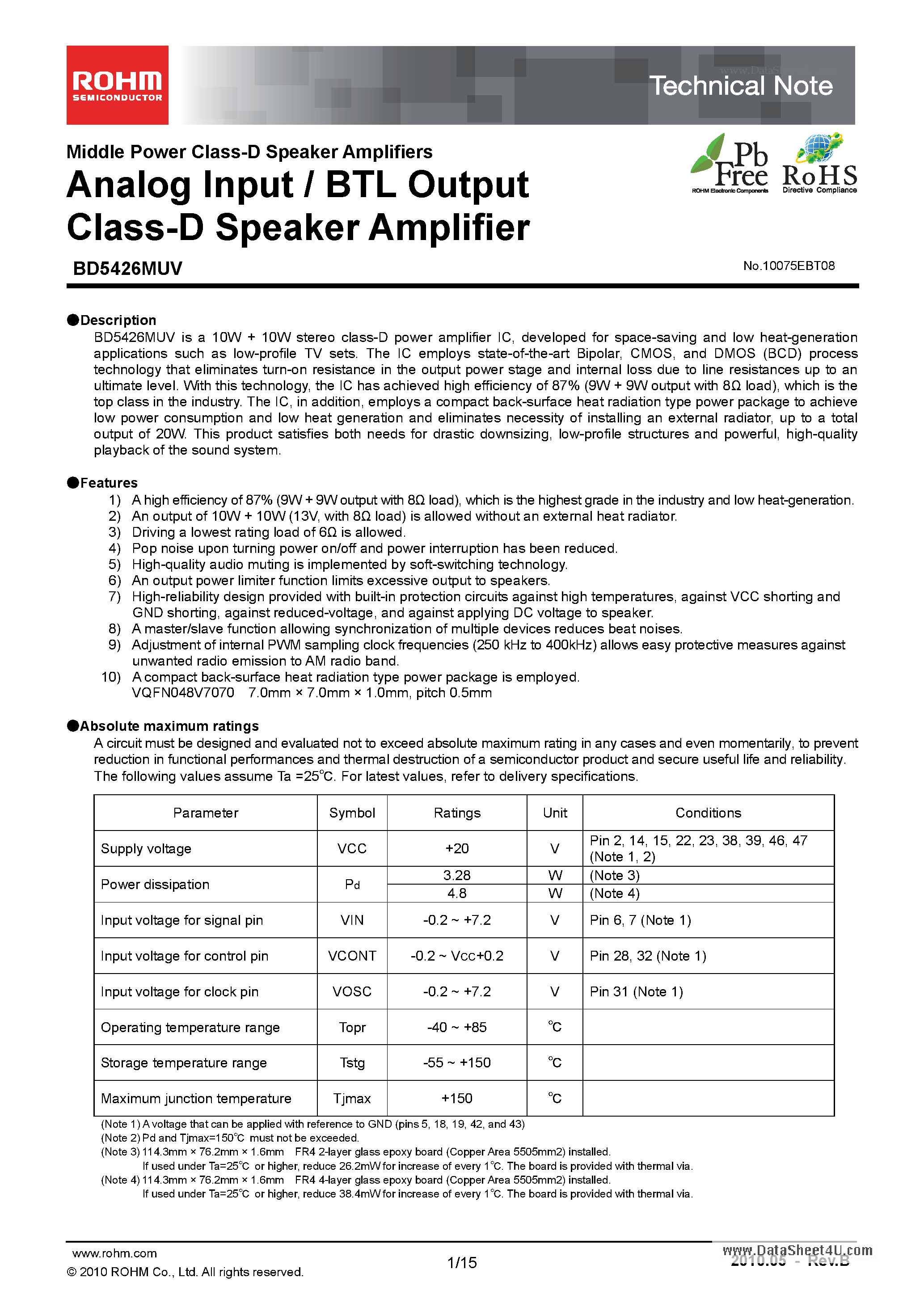 Datasheet BD5426MUV - Analog Input / BTL Output Class-D Speaker Amplifier page 1