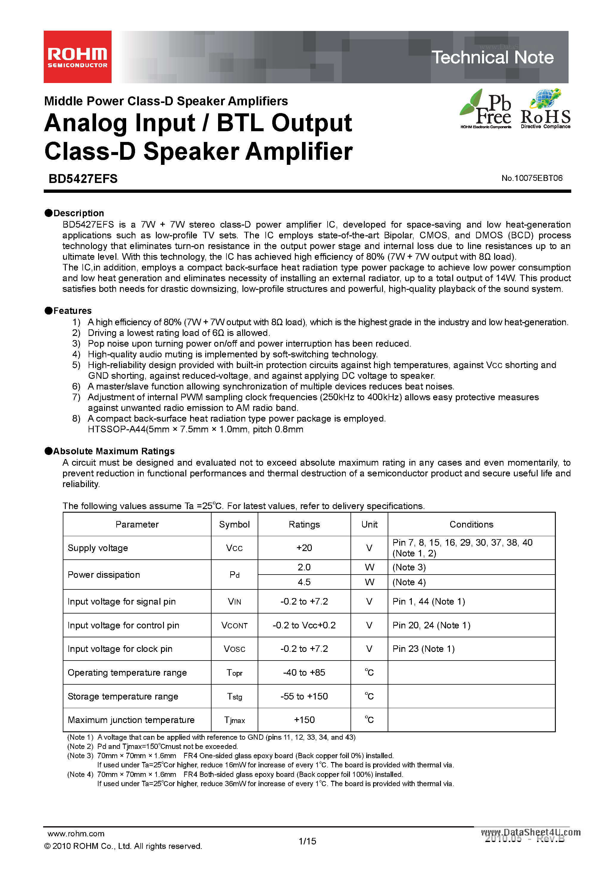 Datasheet BD5427EFS page 1 Datasheet BD5427EFS - Analog Input / BTL Output Class-D Speaker Amplifier page 1