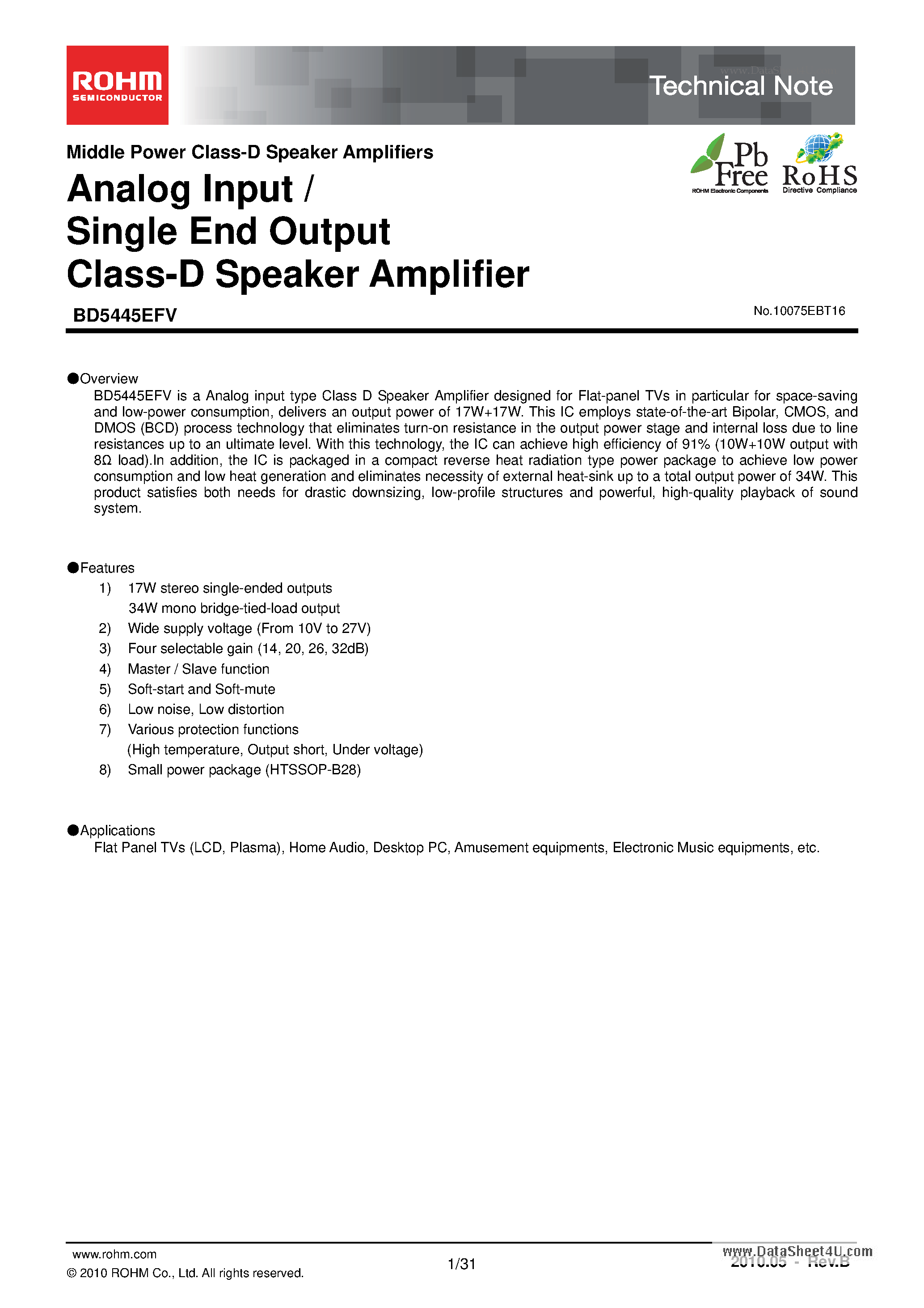 Datasheet BD5445EFV page 1 Datasheet BD5445EFV - Analog Input / Single End Output Class-D Speaker Amplifier page 1
