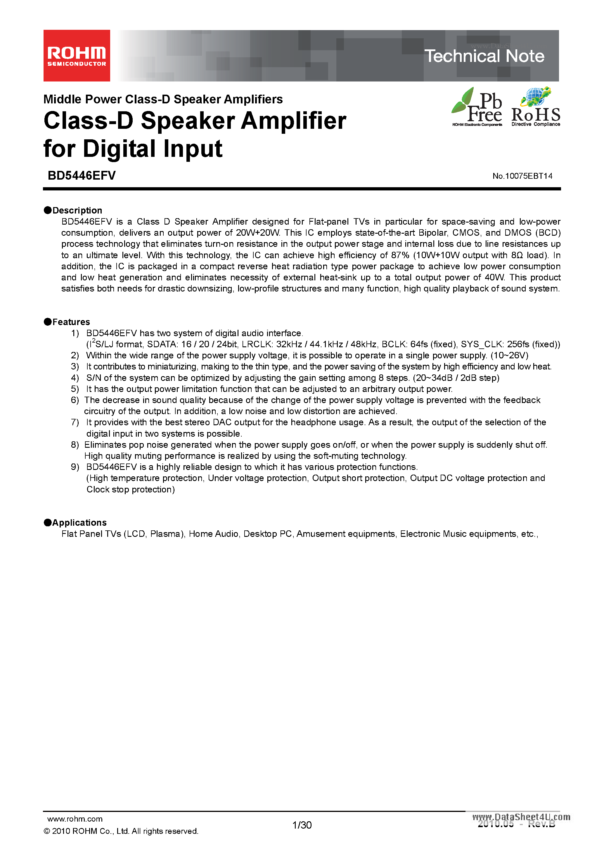 Datasheet BD5446EFV - Class-D Speaker Amplifier page 1