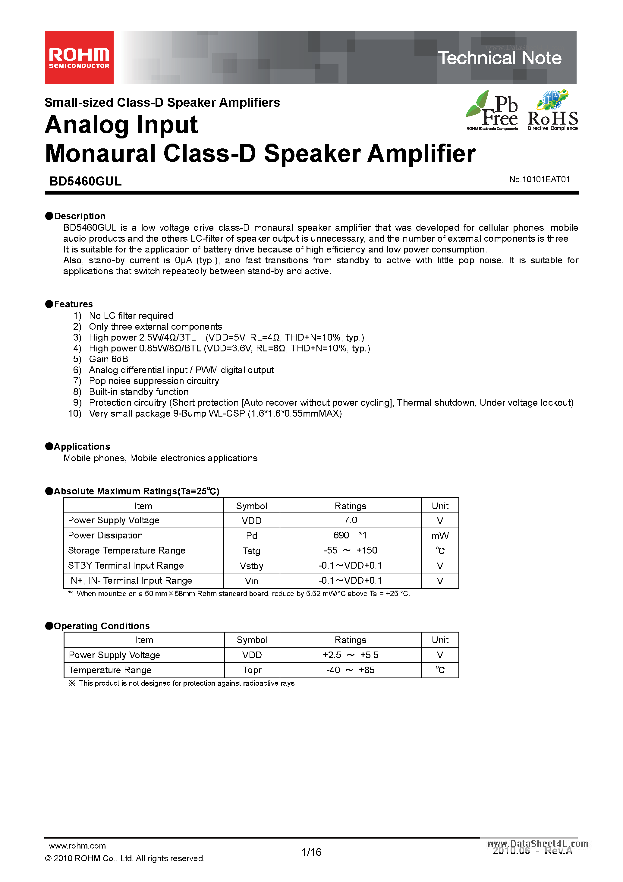 Datasheet BD5460GUL - Analog Input Monaural Class-D Speaker Amplifier page 1