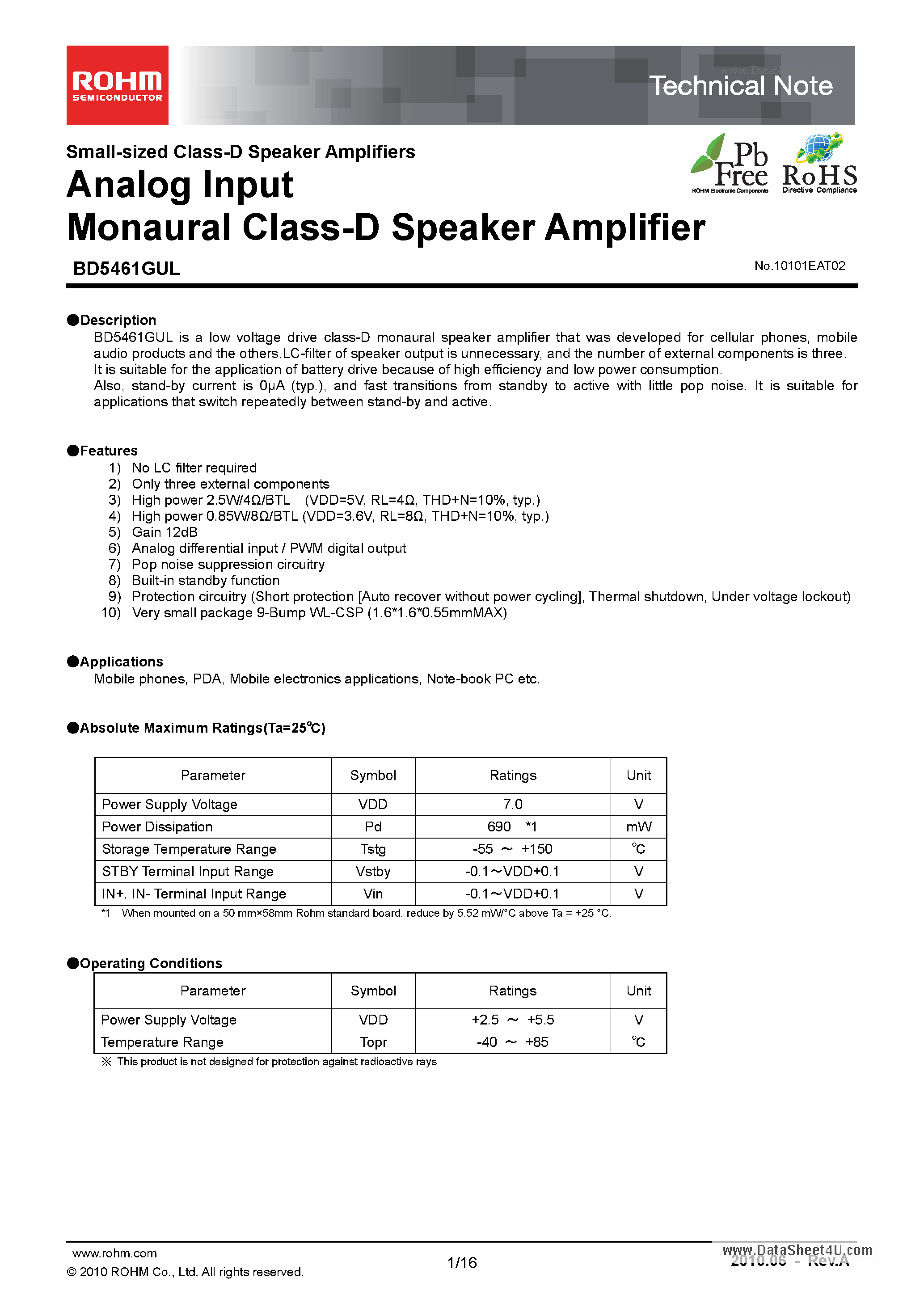 Datasheet BD5461GUL - Analog Input Monaural Class-D Speaker Amplifier page 1