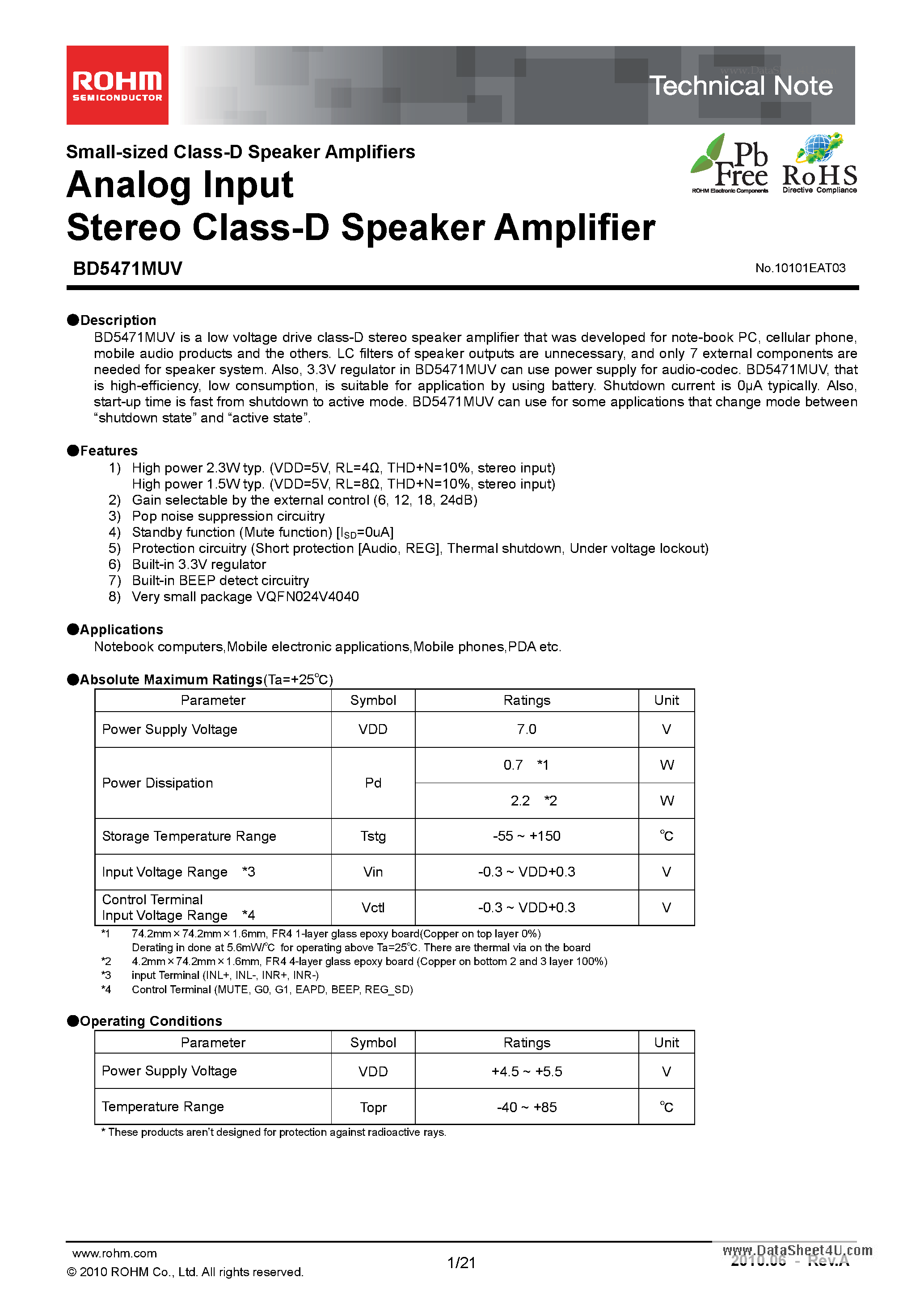 Datasheet BD5471MUV - Analog Input Stereo Class-D Speaker Amplifier page 1