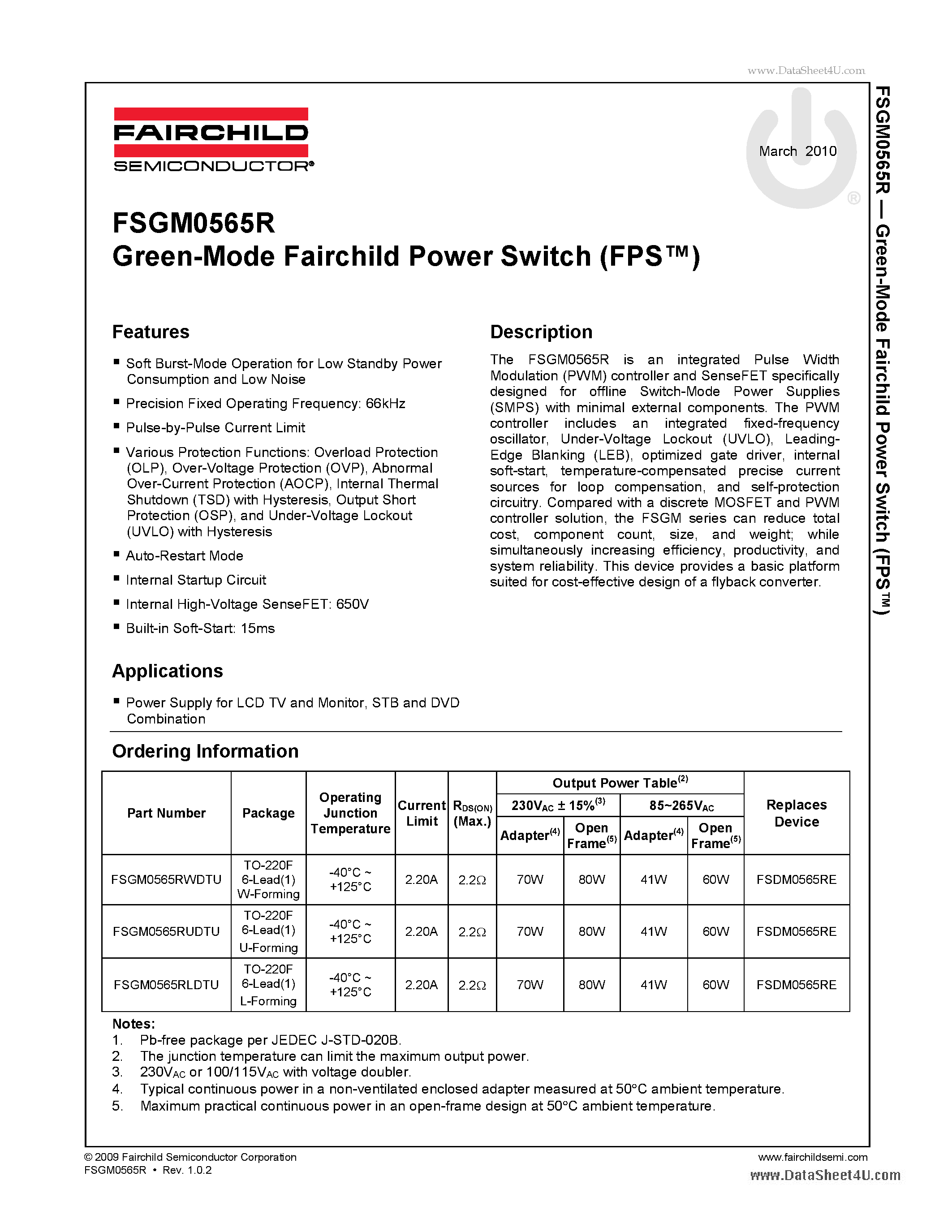 Даташит на микросхему FSGM0565R страница 1 Даташит FSGM0565R - Green-Mode Fairchild Power Switch (FPS) страница 1