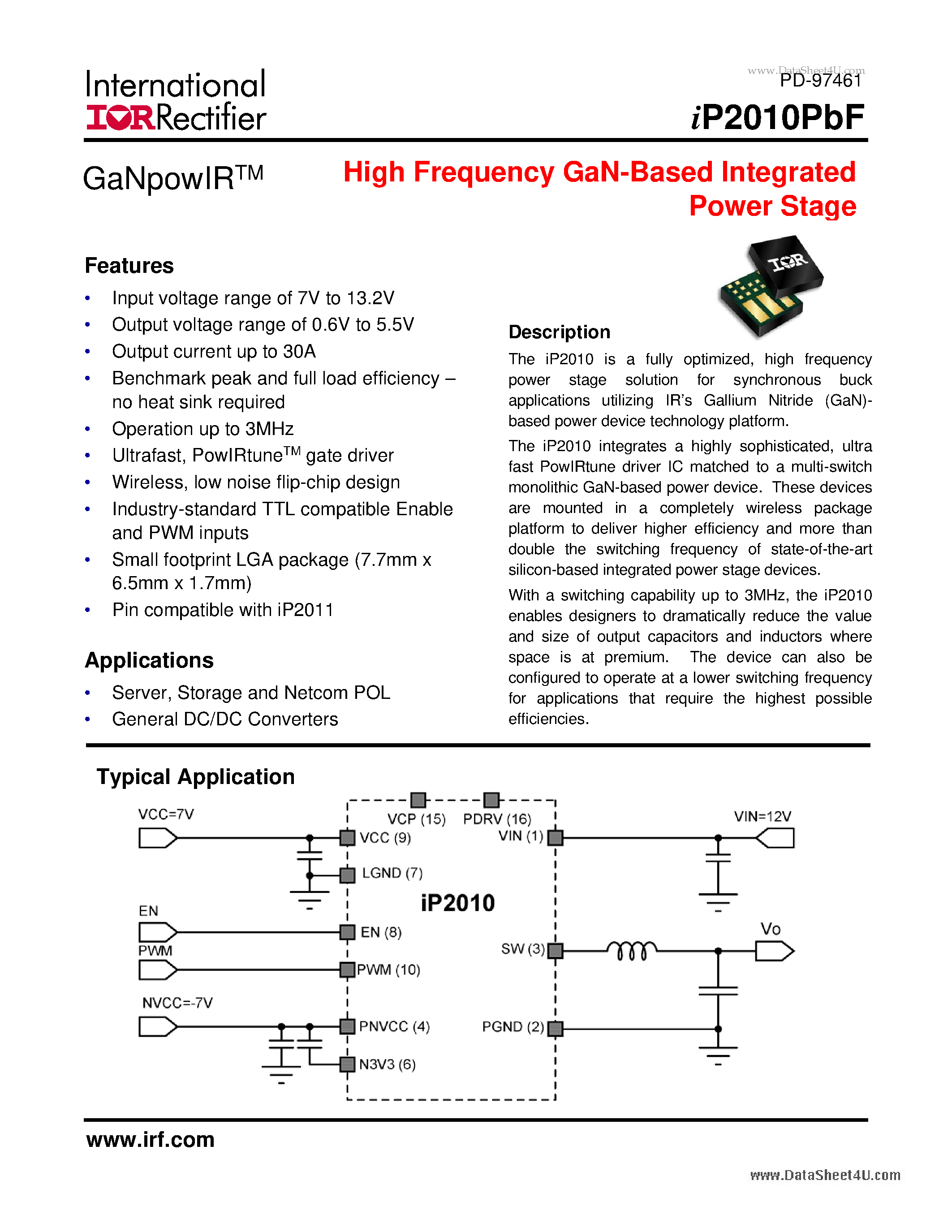 Datasheet IP2010PBF - High Frequency GaN-Based Integrated Power Stage page 1