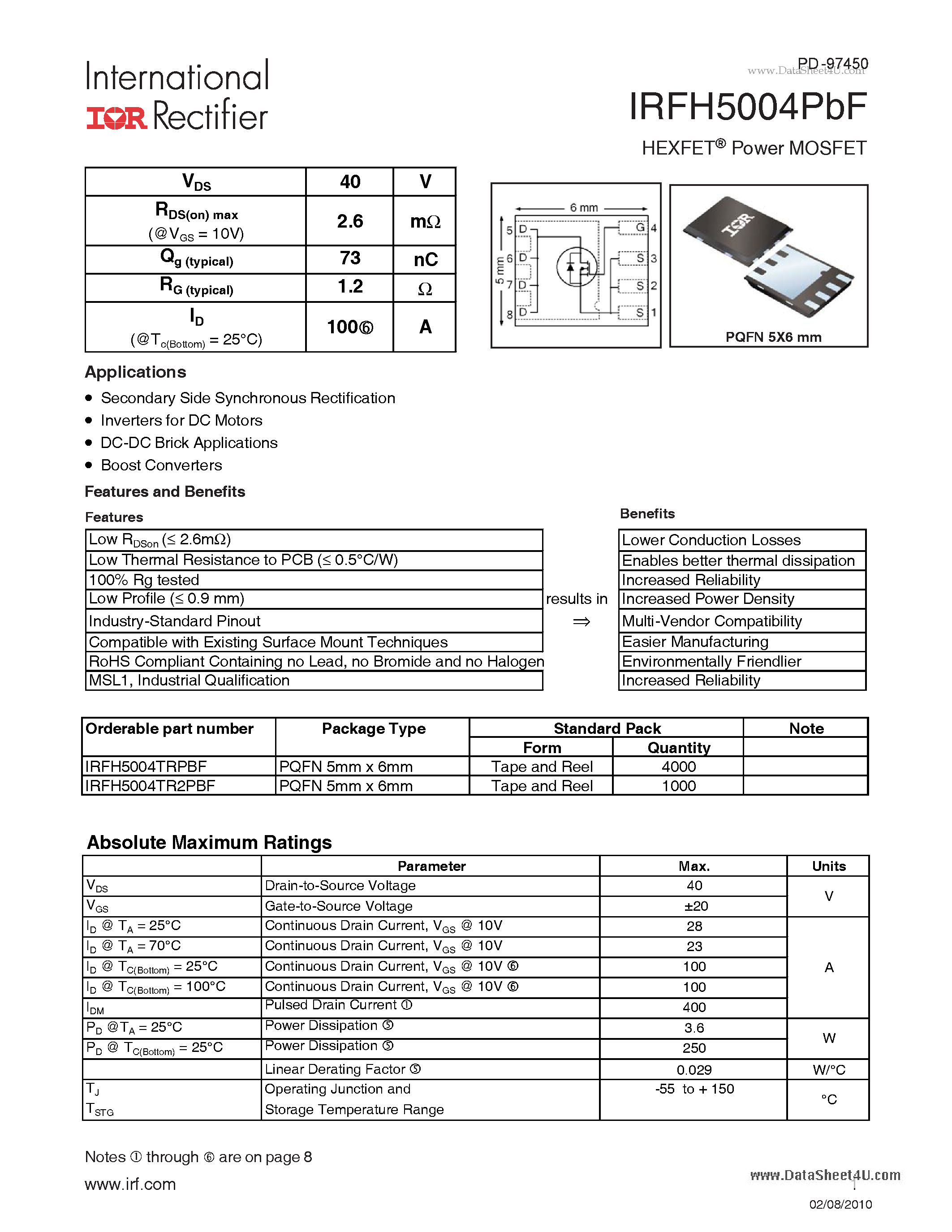 Datasheet IRFH5004PBF - HEXFET Power MOSFET page 1