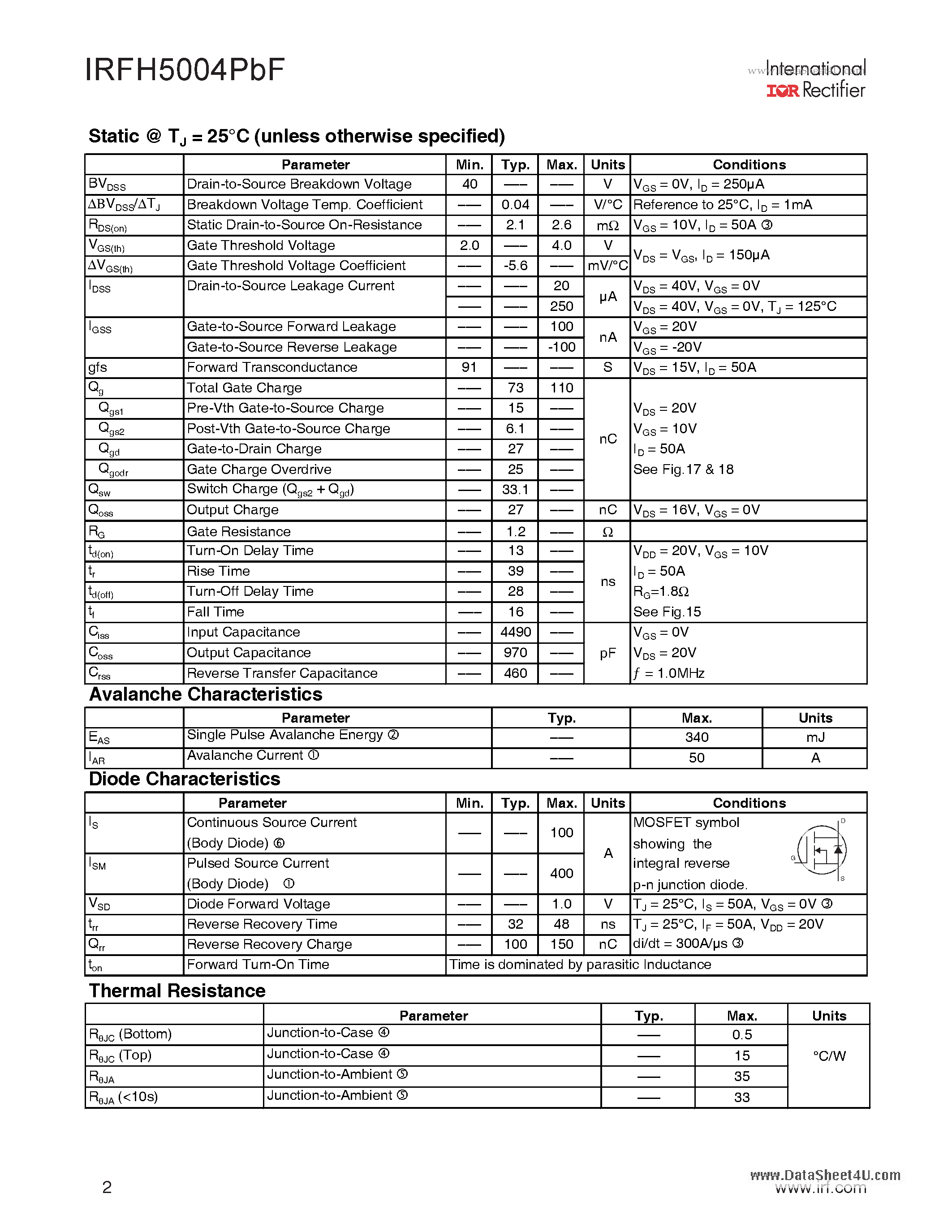 Datasheet IRFH5004PBF - HEXFET Power MOSFET page 2