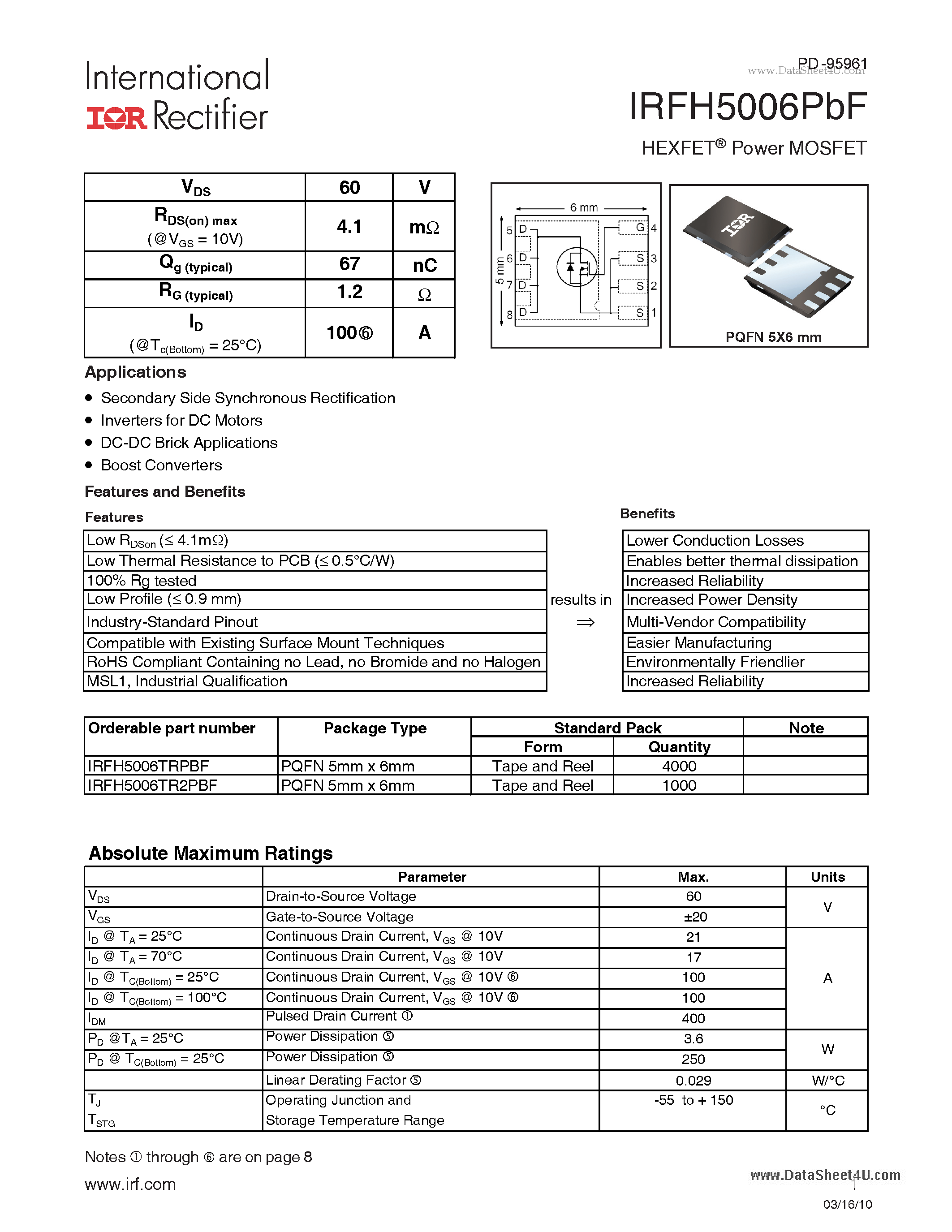 Datasheet IRFH5006PBF - HEXFET Power MOSFET page 1