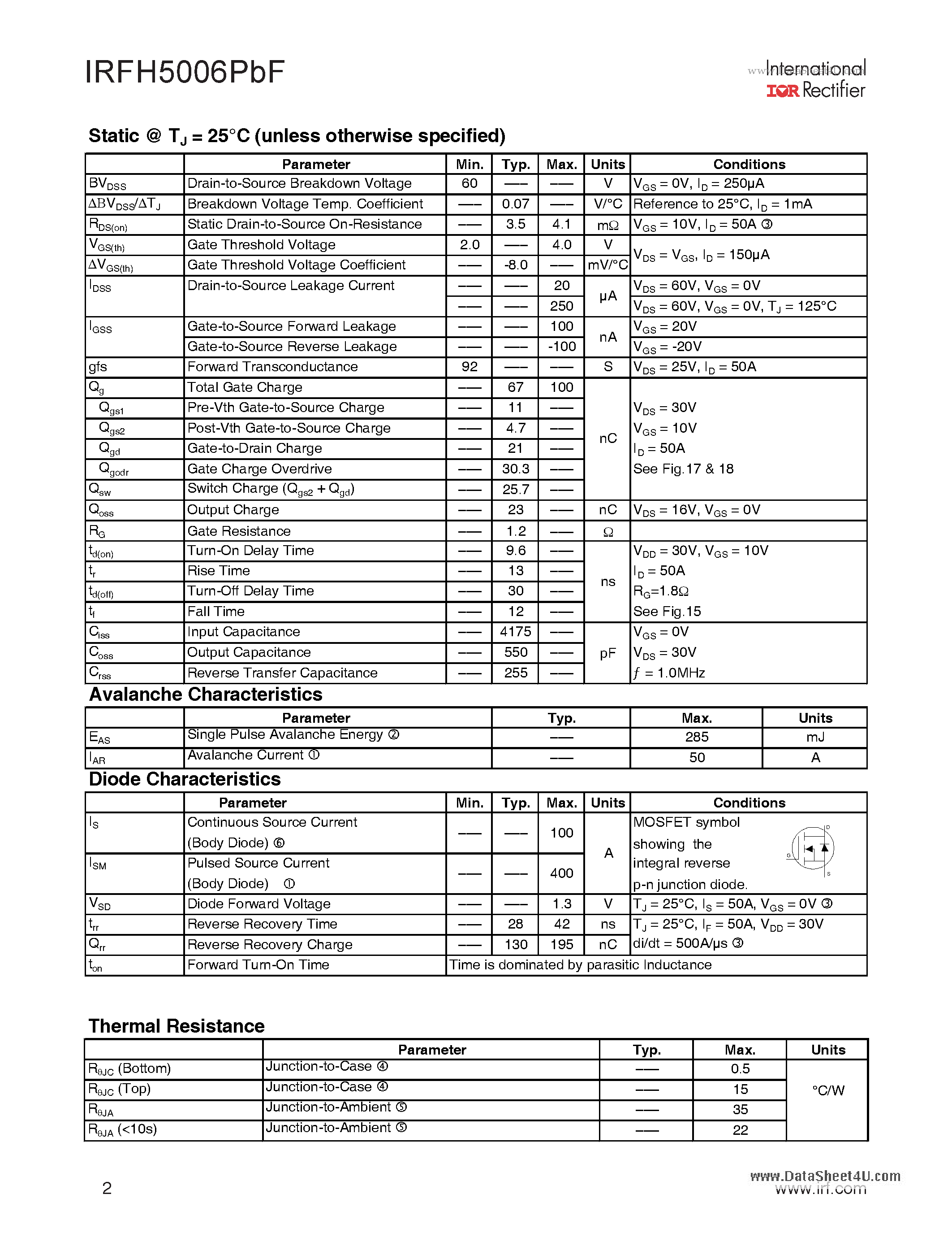 Datasheet IRFH5006PBF - HEXFET Power MOSFET page 2